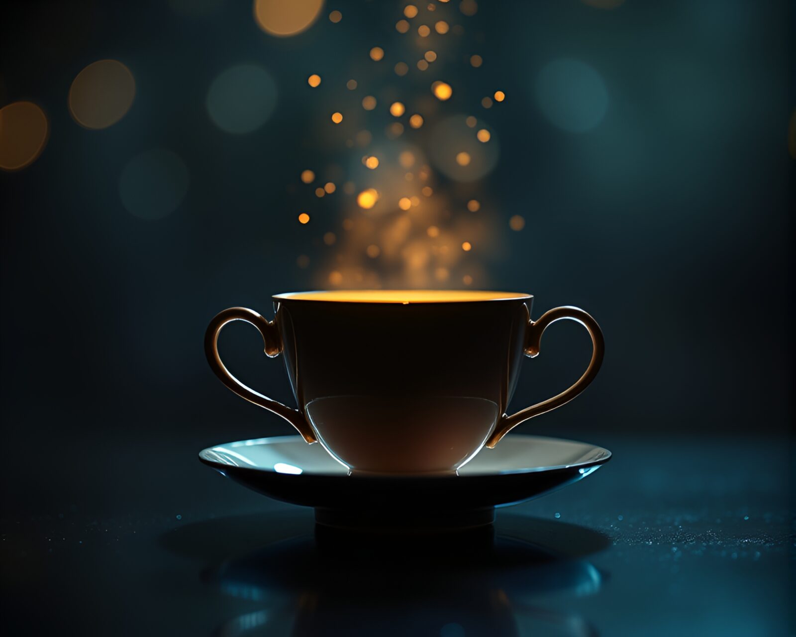 A magical scene with a floating tea cup under sparkling fairy lights