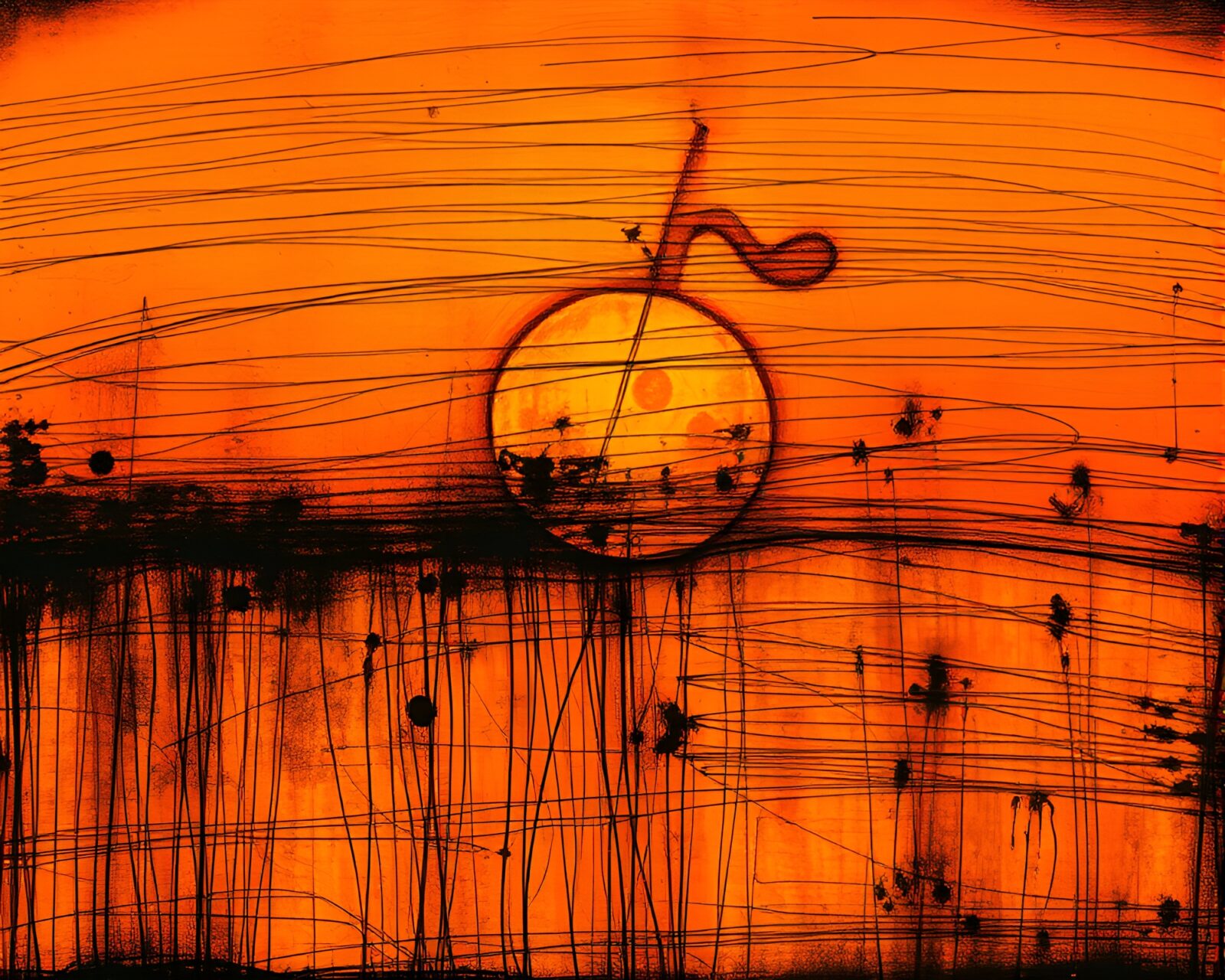 Mystical elf silhouette against vibrant orange sky with etched patterns