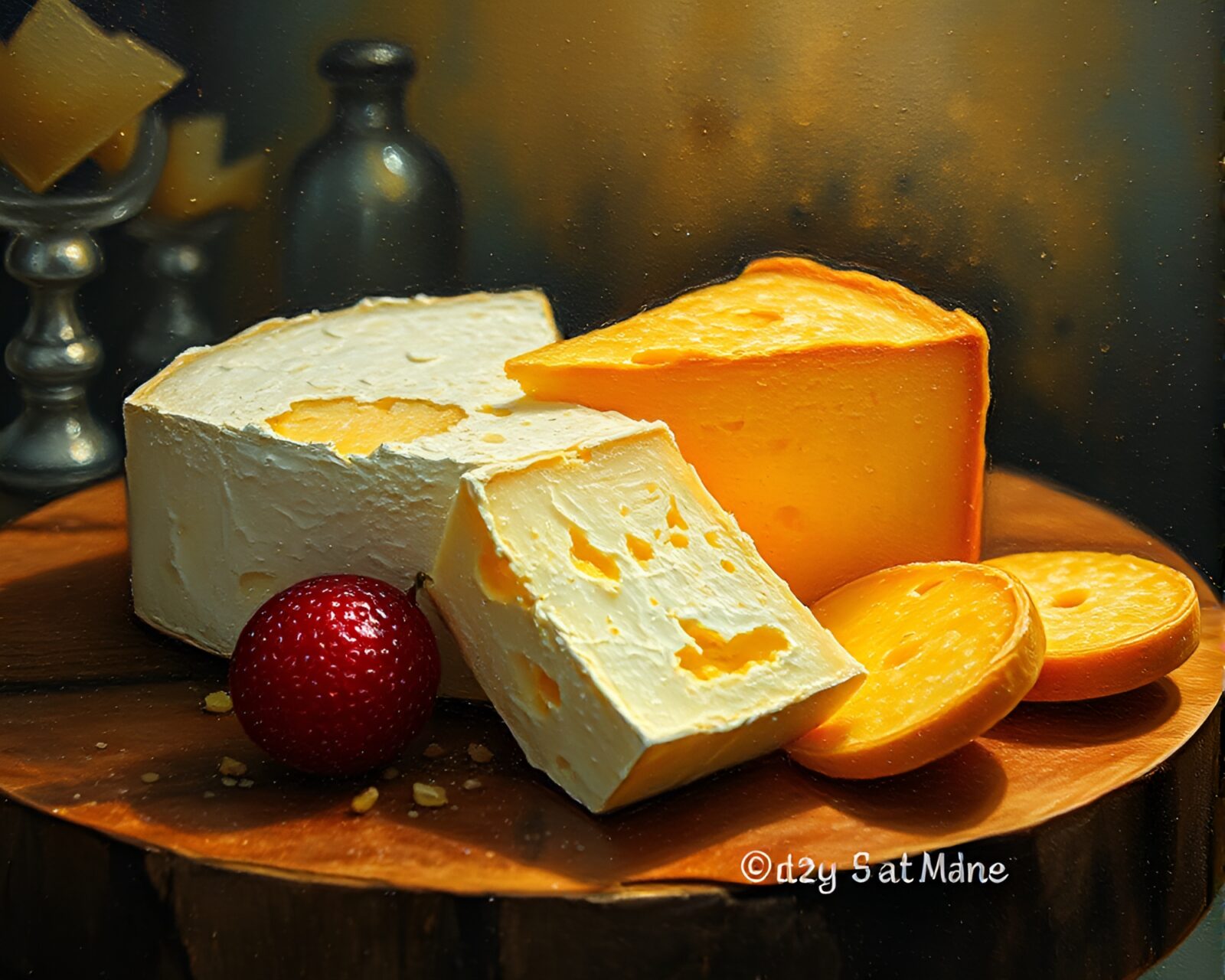 Macro detail of a decadent cheese platter under torchlight glow