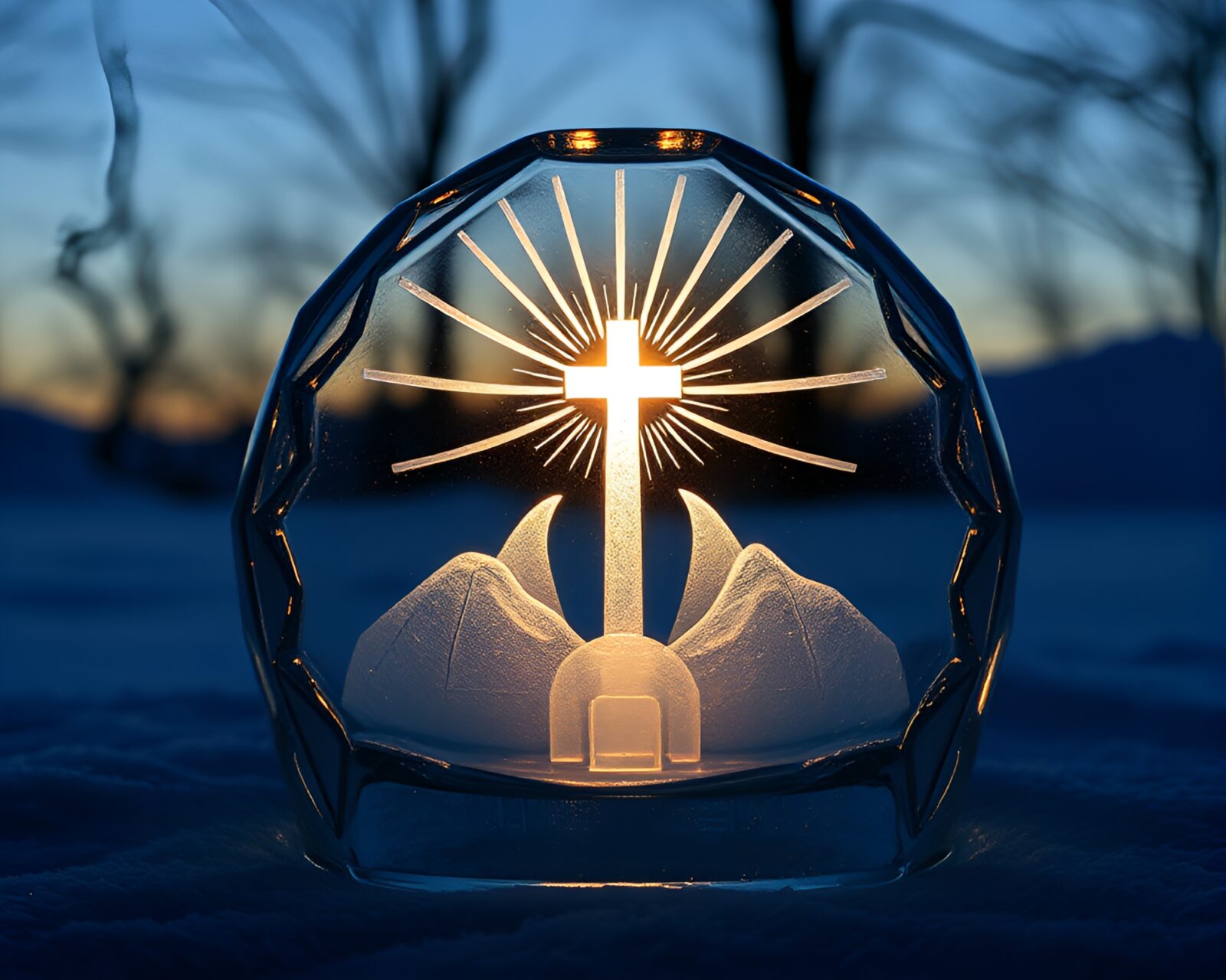Engraved glass igloo illuminated by ethereal god rays