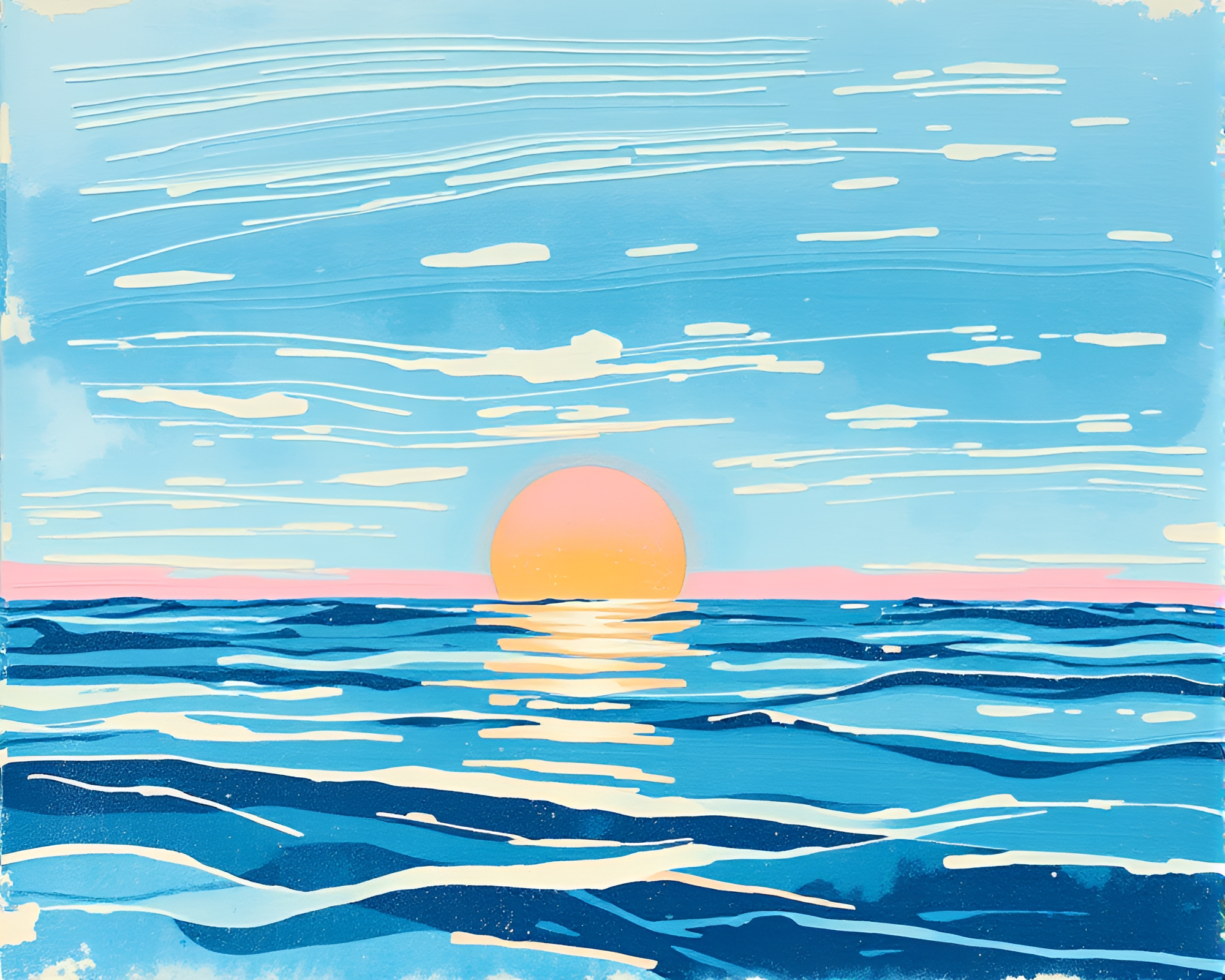 Vaporwave Sunset Woodblock Print with Ice-Blue Tint – free AI stock image