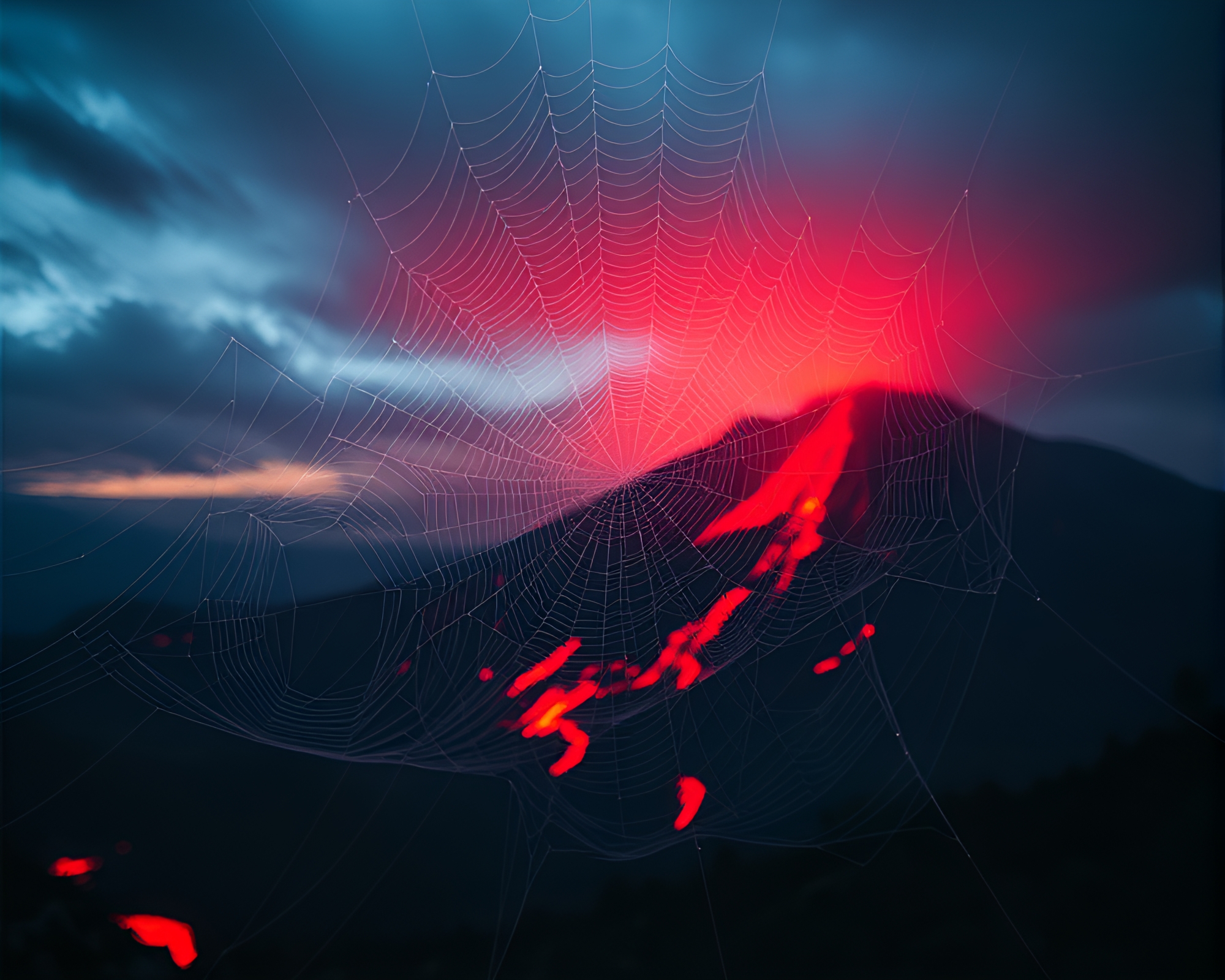 Cobweb Strands in Surreal Volcano Dreamscape – free AI stock image