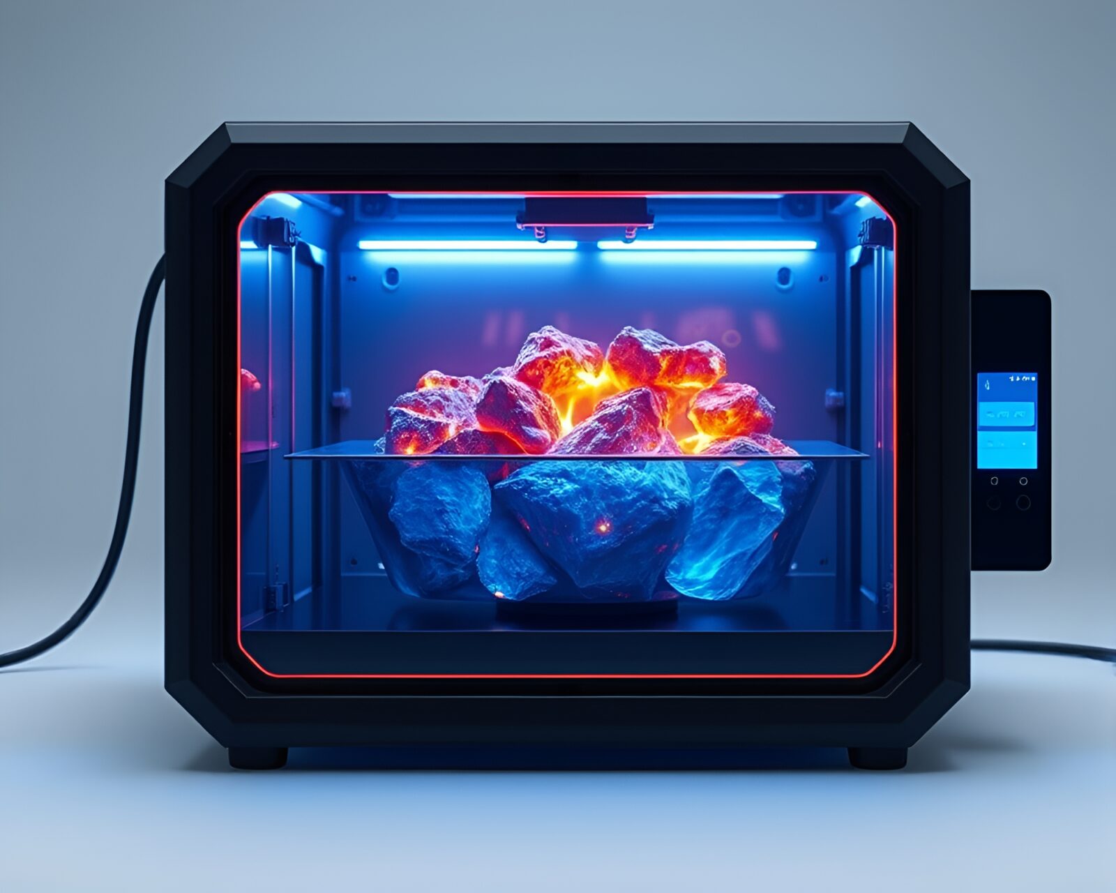 An intricate 3D bio-printer surrounded by glowing blue embers