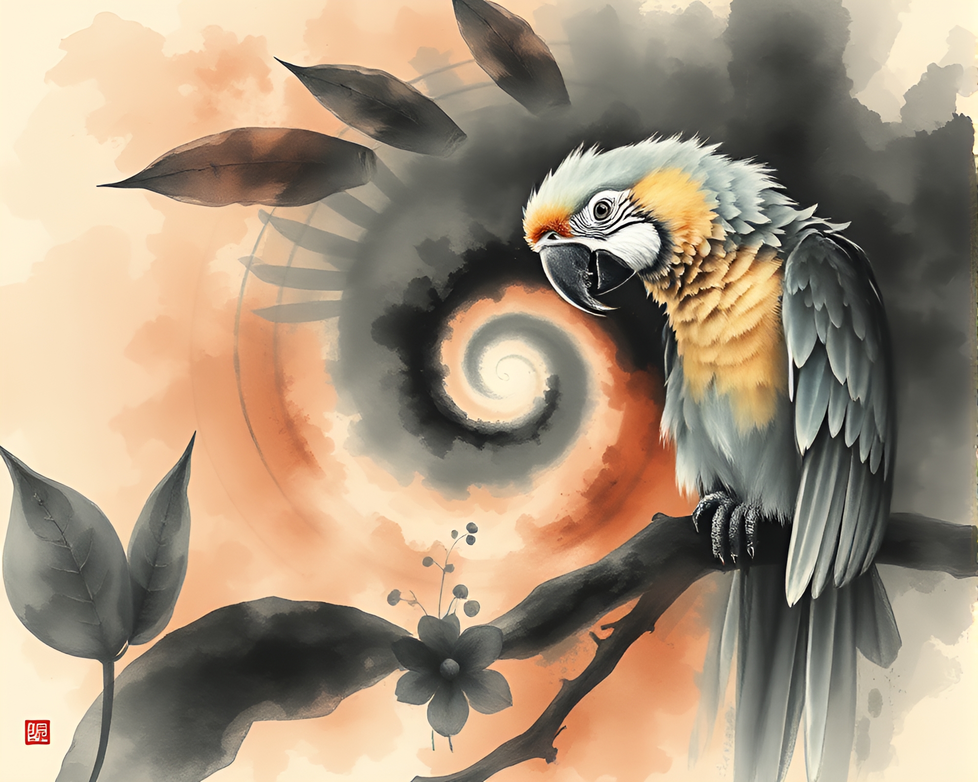 Tropical Parrot Spiraling in Smoky Sumi-e Brushwork – free AI stock image