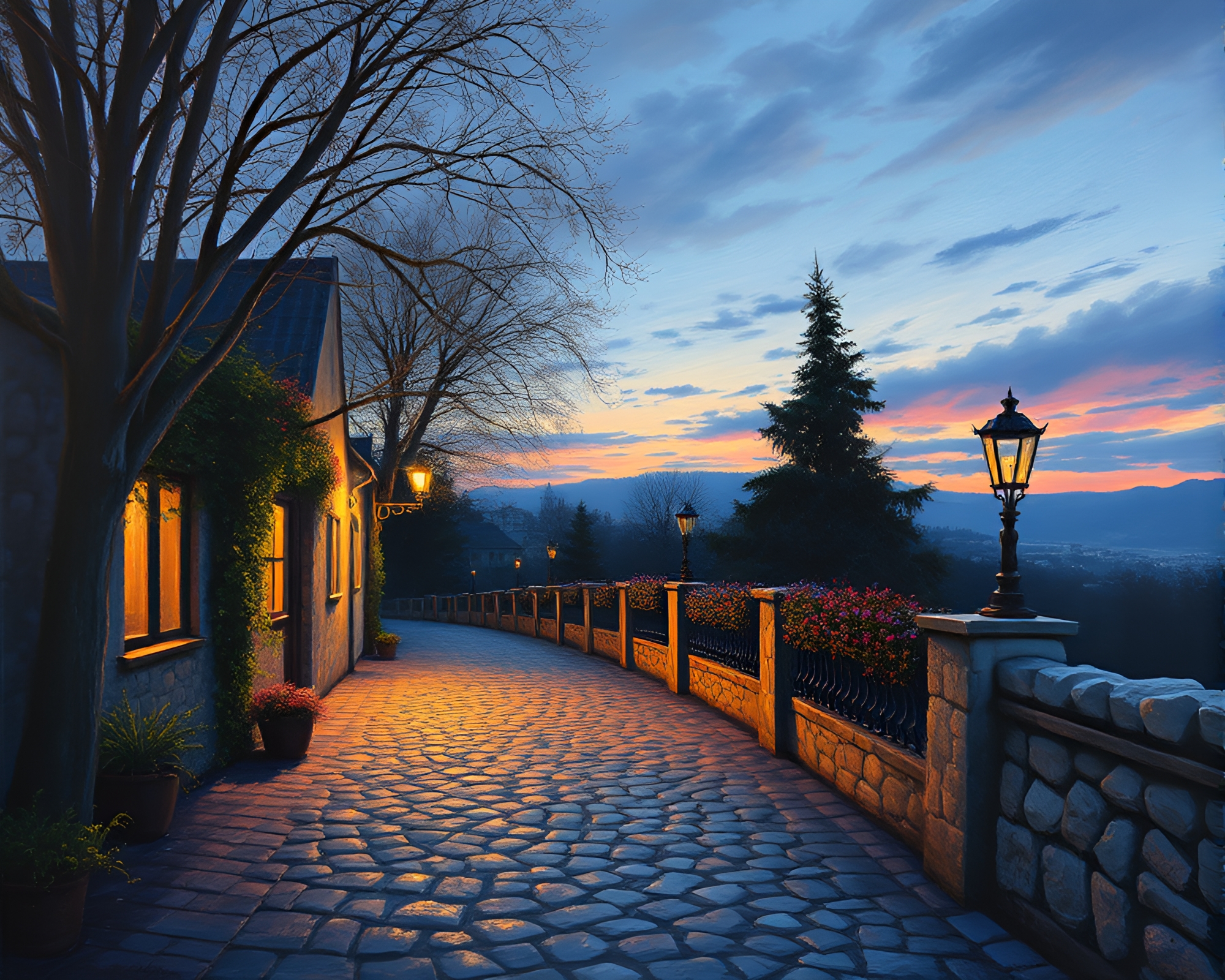 Chameleon on Cobblestone Path at Dusk Oil Painting – free AI stock image