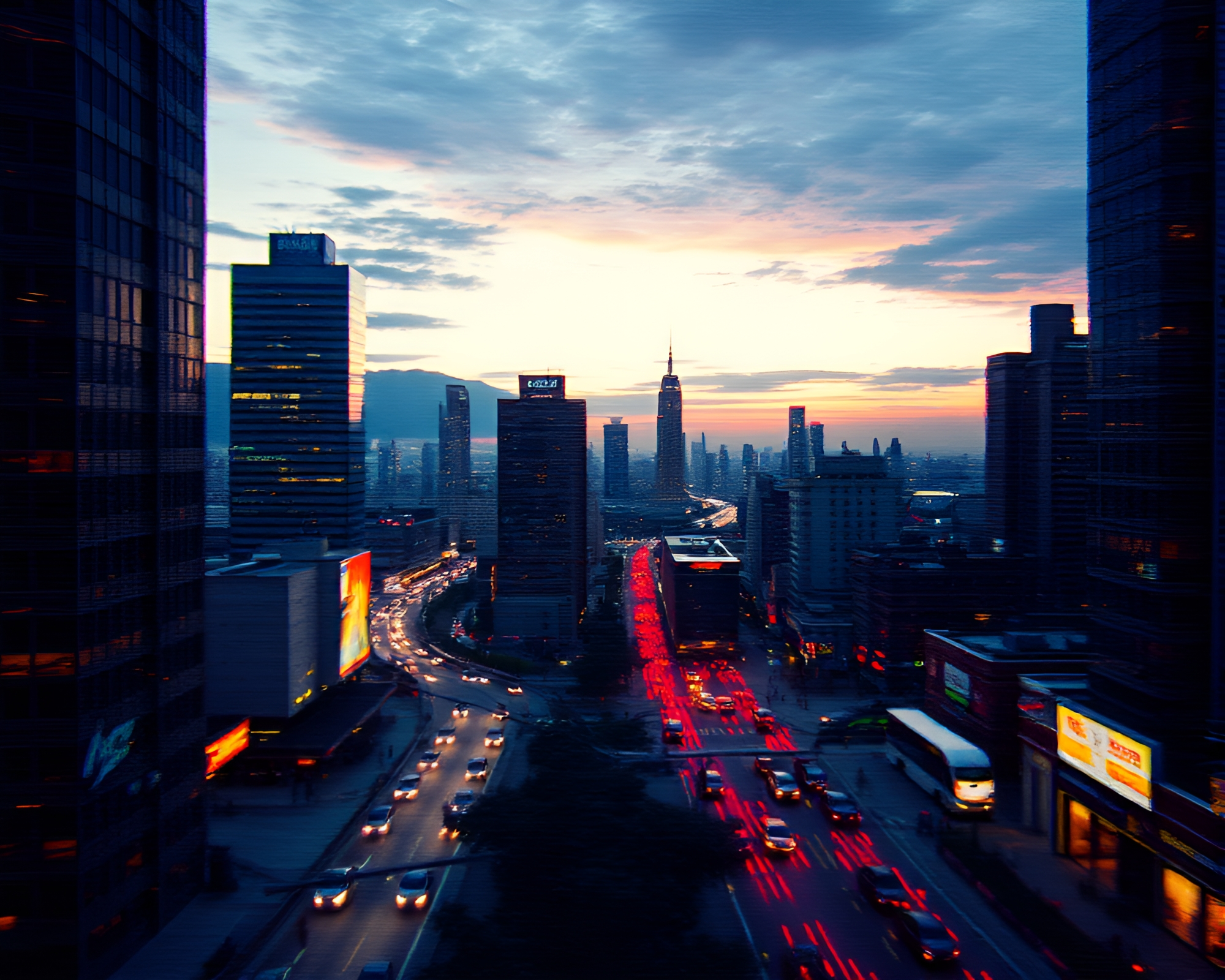 Futuristic Virtual Cityscape With Grain Overlay – free AI stock image