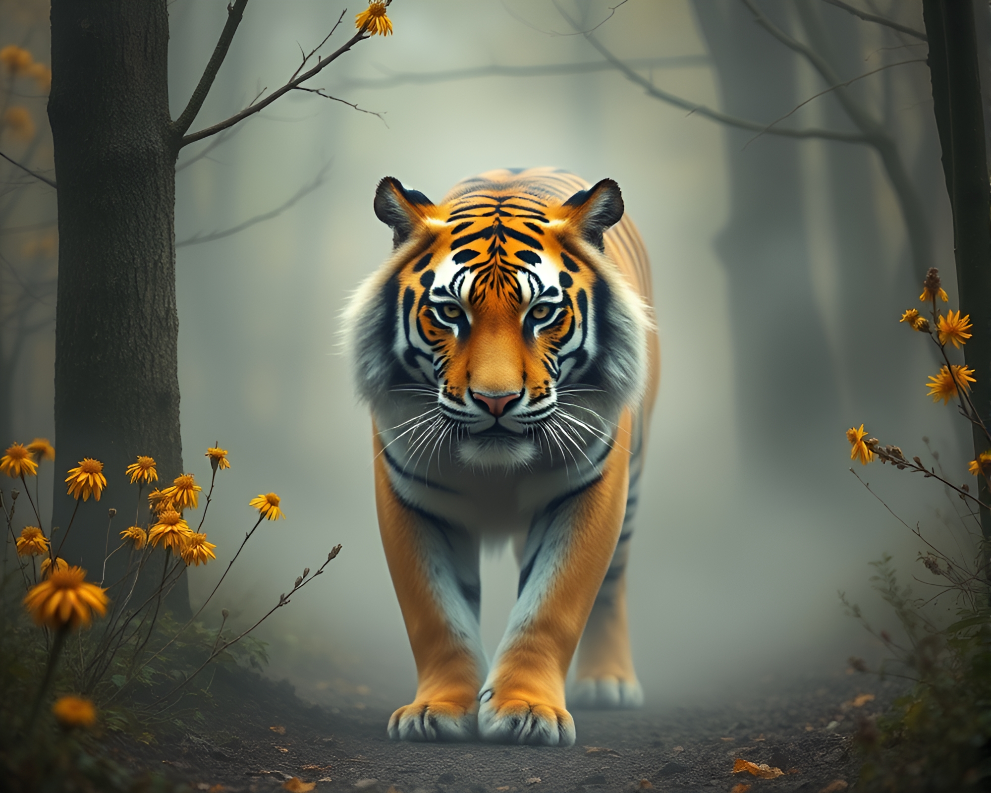 Mysterious Tiger in Bio-Organic Fog Drifts – free AI stock image