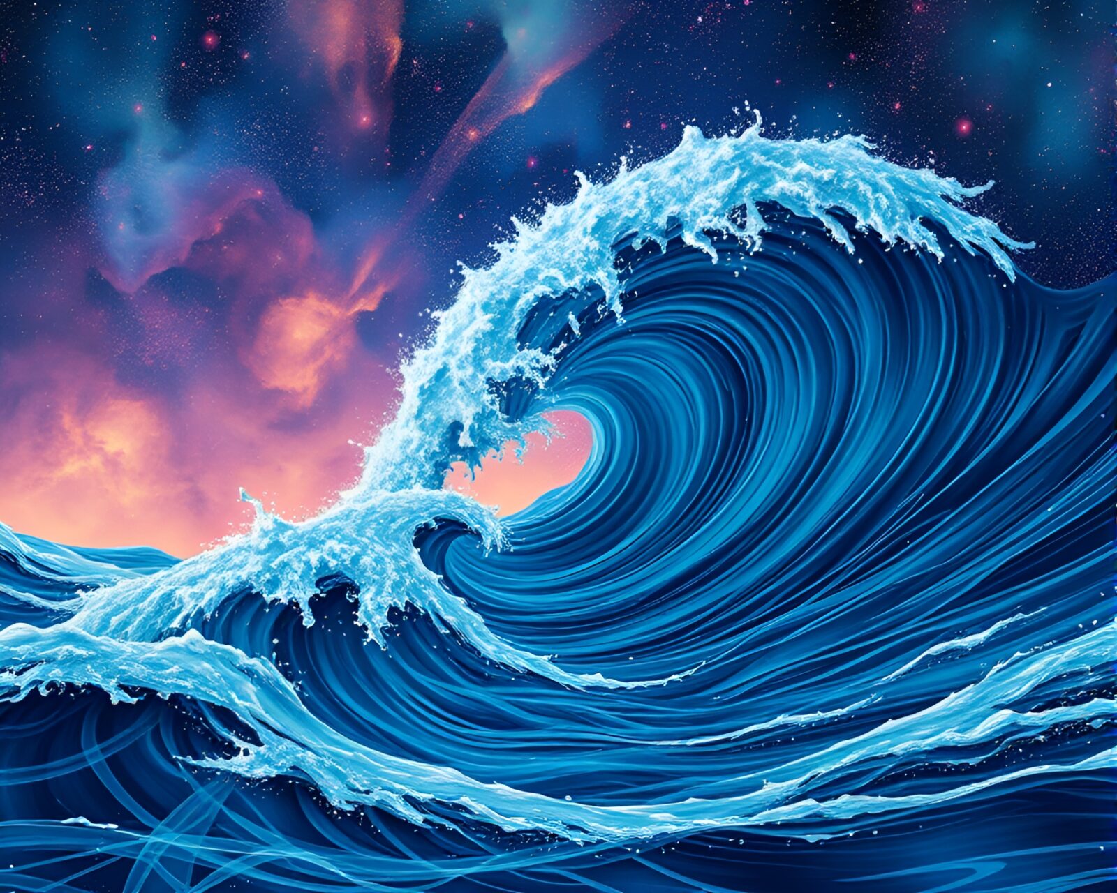 Retro-futuristic illusion of swirling waters in nebula hues
