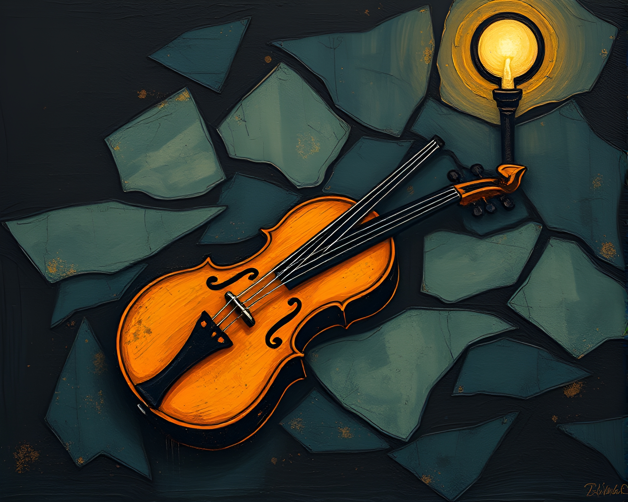 Violinist in Basement Gloom: Impasto Woodblock Print Inspiration – free AI stock image