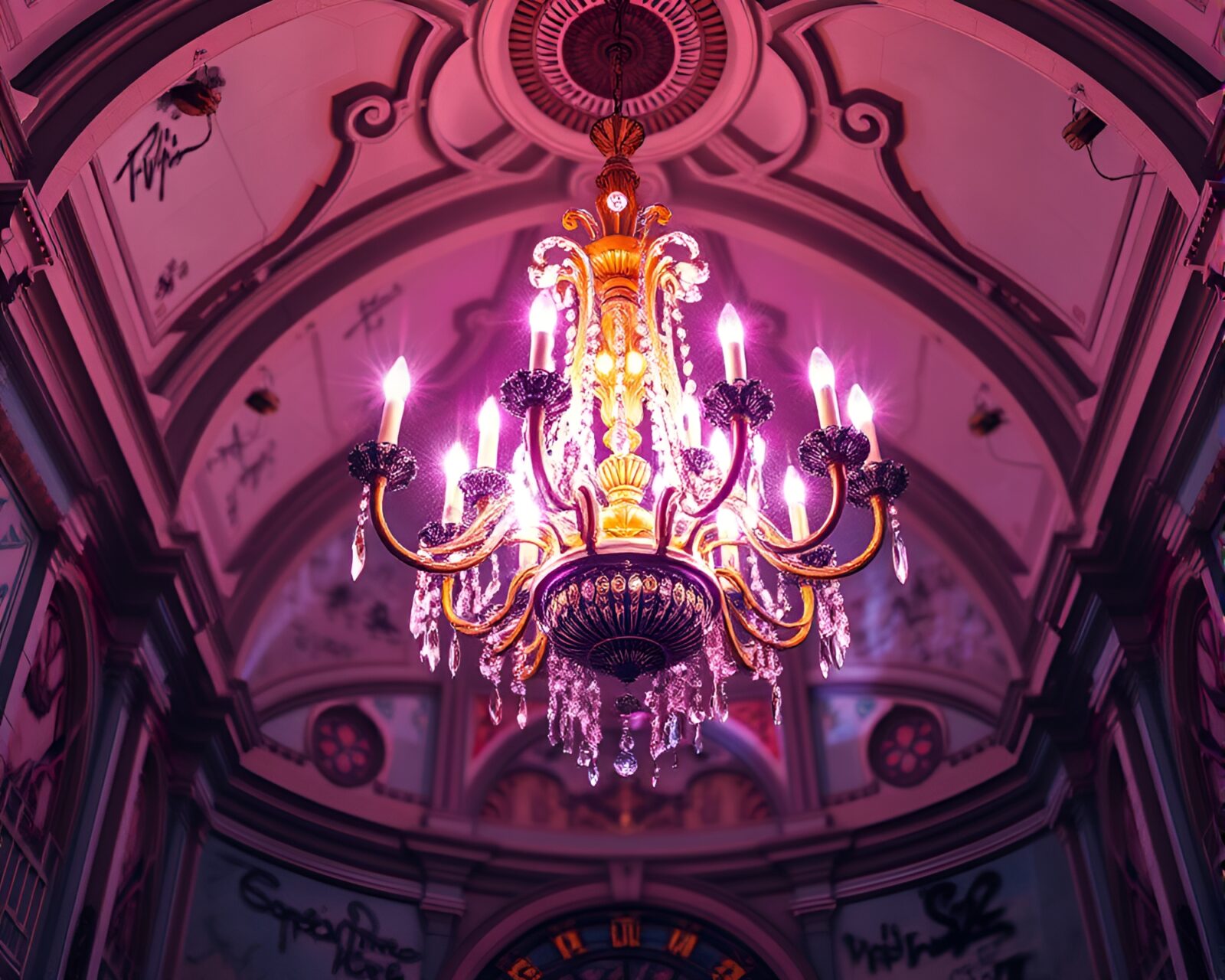 Gothic chandelier illuminated by vibrant pastel graffiti lights