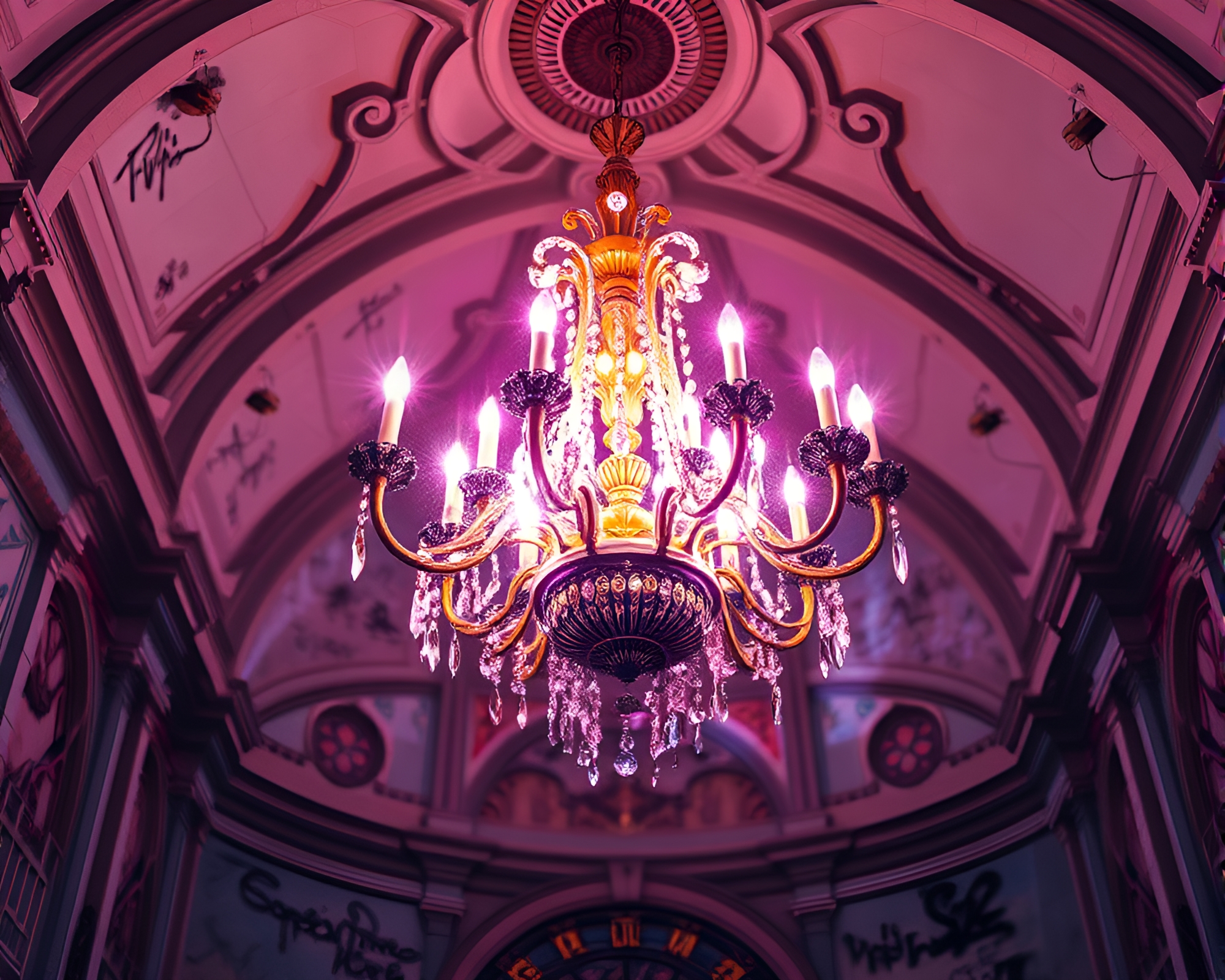 Fractal Gothic Chandelier With Pastel Graffiti Glow – free AI stock image