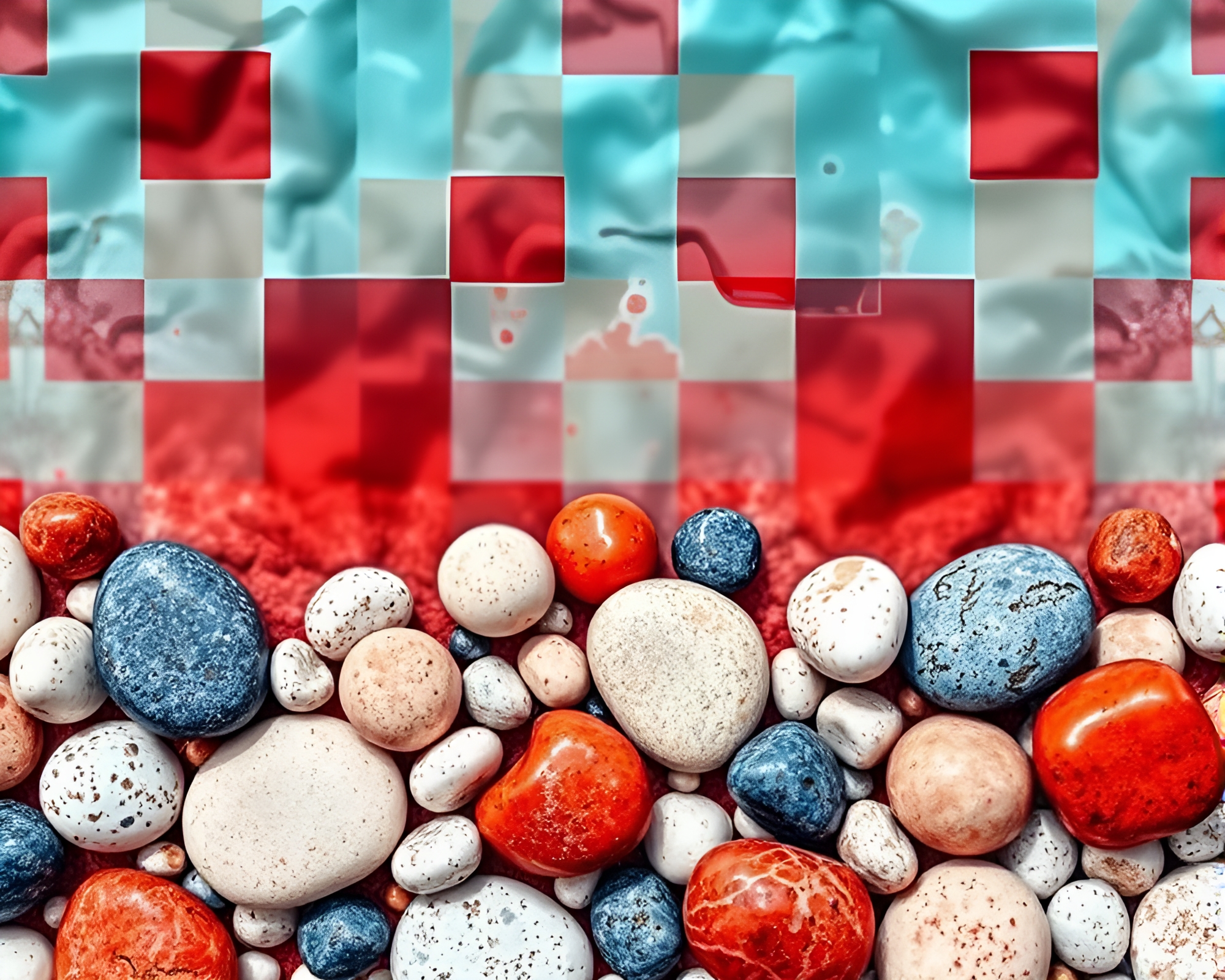 Impasto Pebble Beach under Red-Blue Checkered Sky – free AI stock image