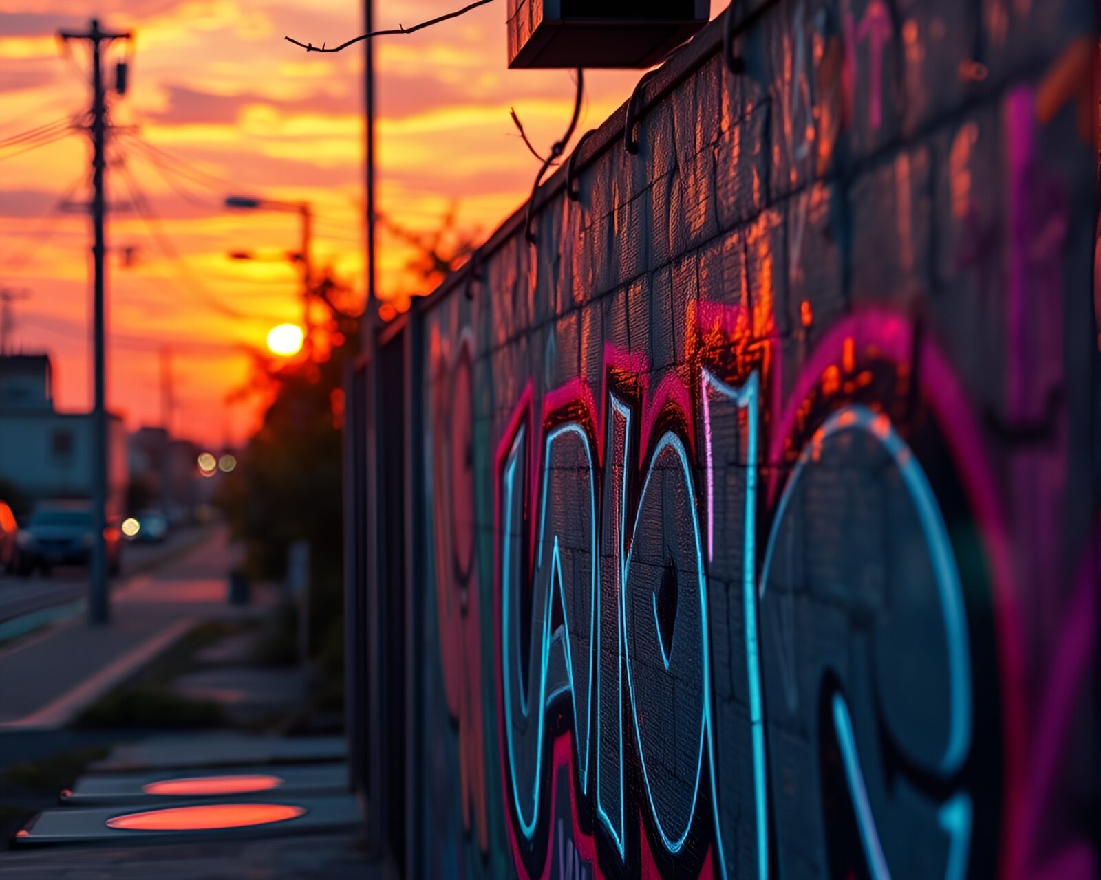 Vibrant toon-style portrait under a neon graffiti sunset