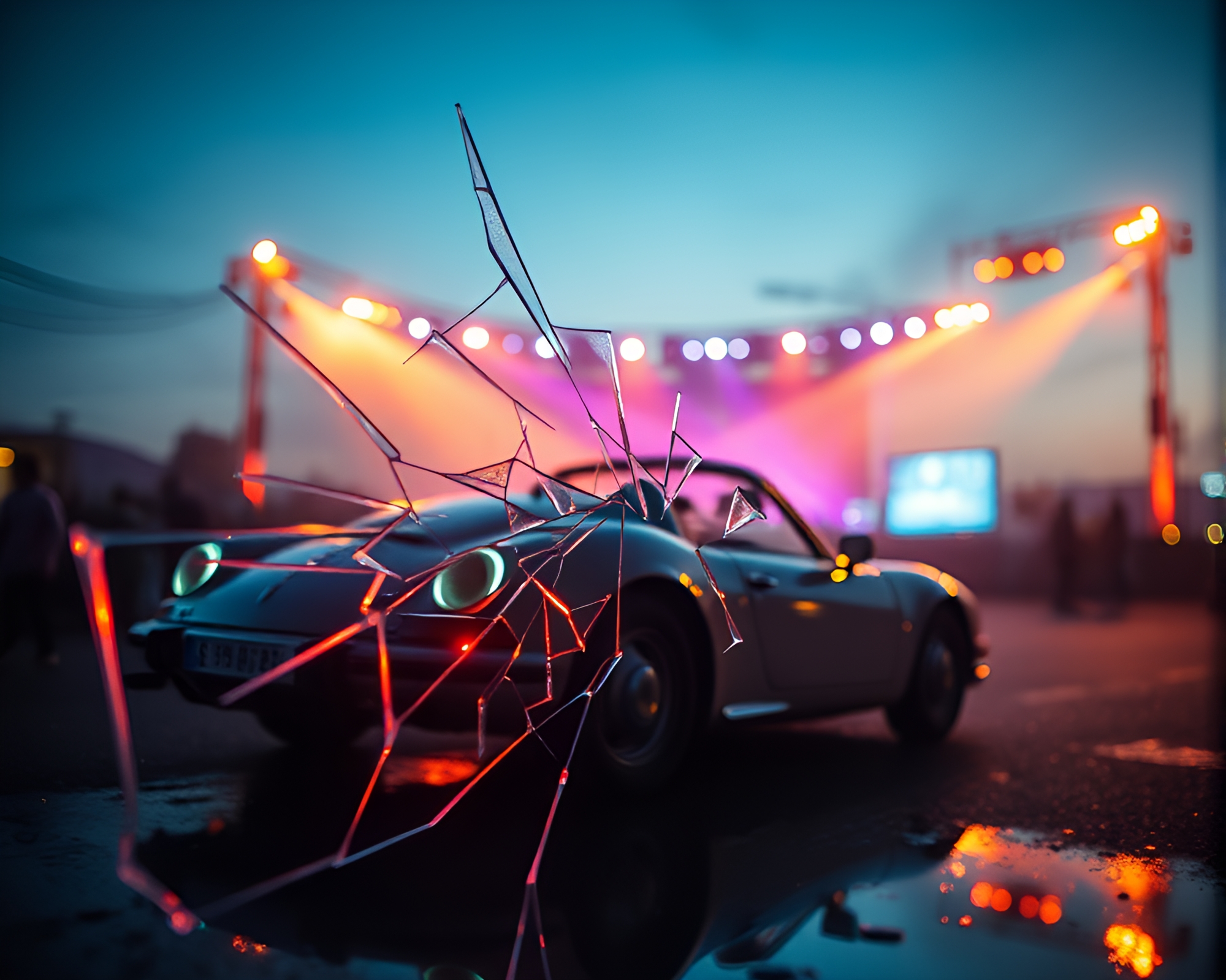 Utopian Hover Car Concert Stage Reflections – free AI stock image