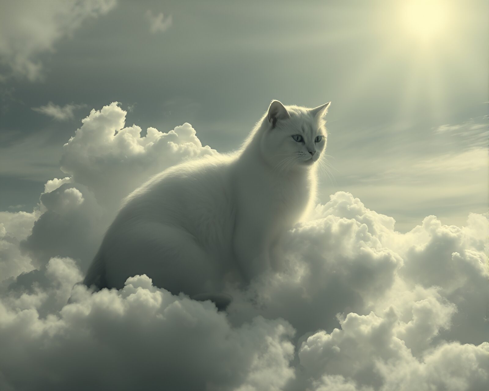 3D scanned cat surrounded by bright, mystical cloud formations