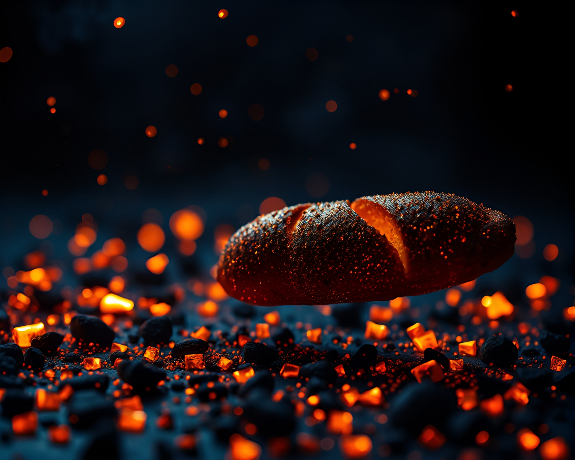 Indigo Mystery: Floating Baguette Embers – free AI stock image