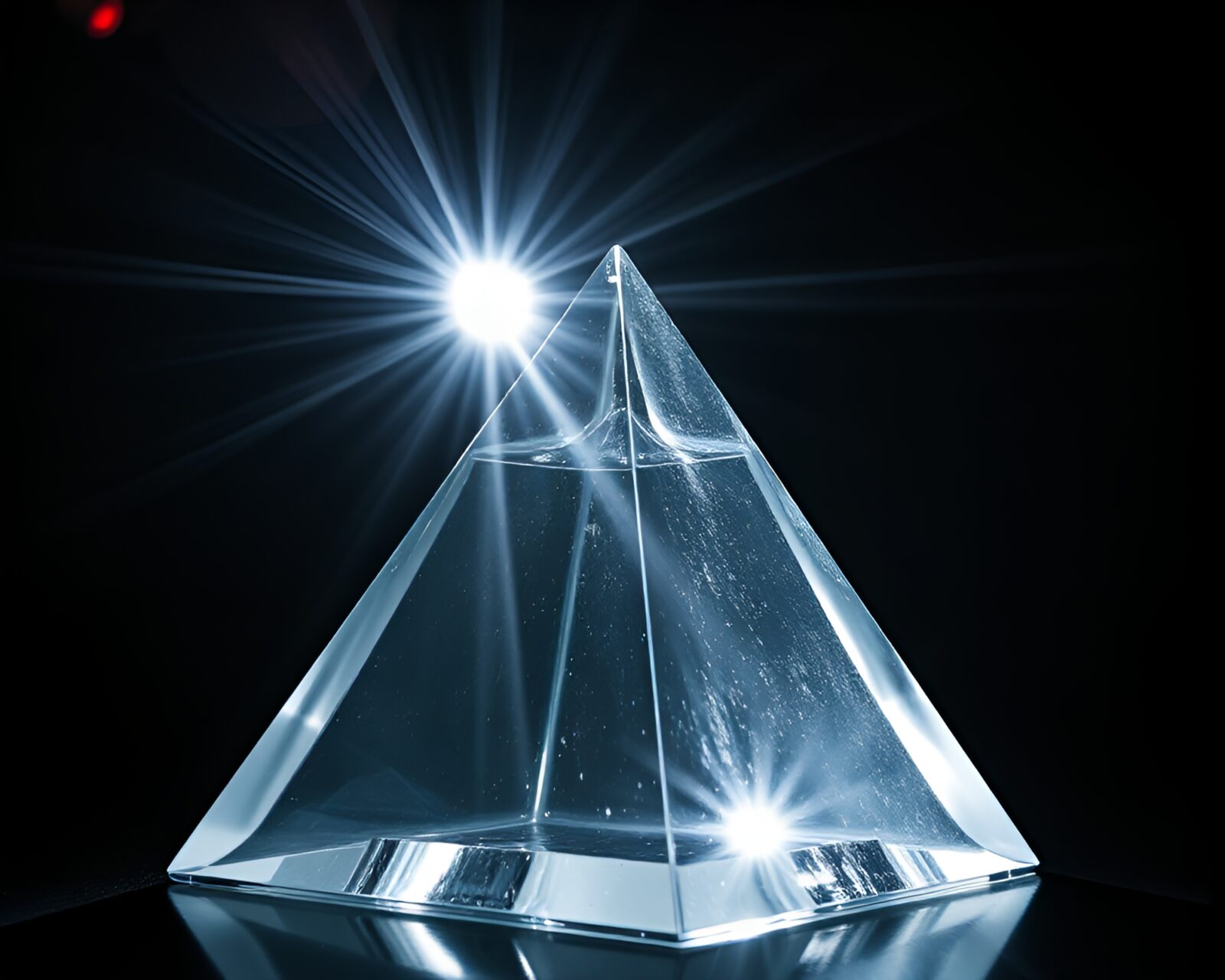 High-contrast noir image of glass pyramid with laser beams
