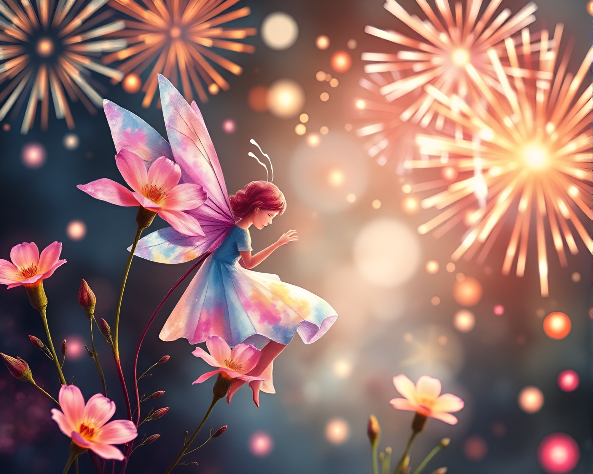 Enchanting Fairy Blossoms Illuminated by Festival Fireworks – free AI stock image