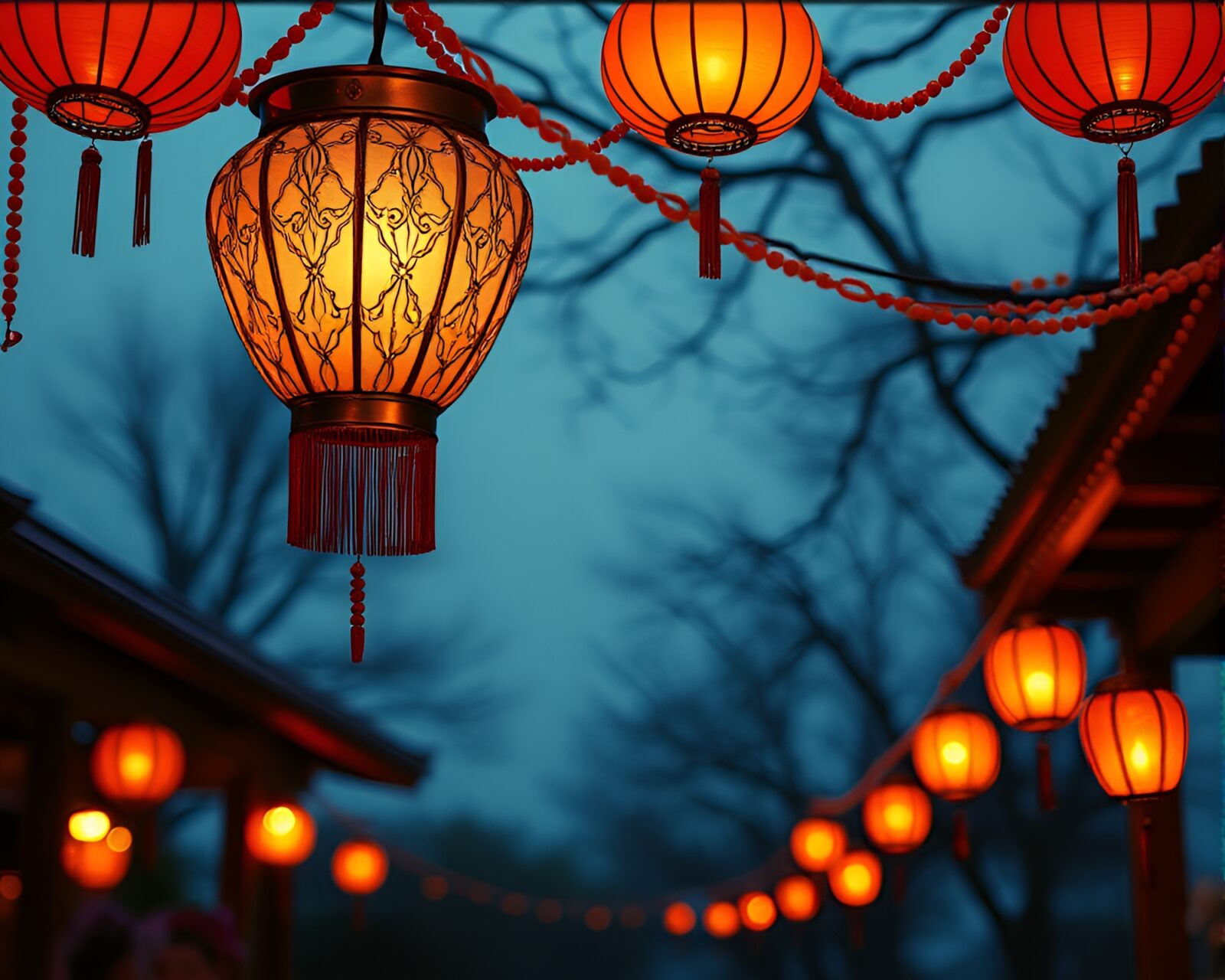 A mystical scene of floating lanterns with intricate beadwork