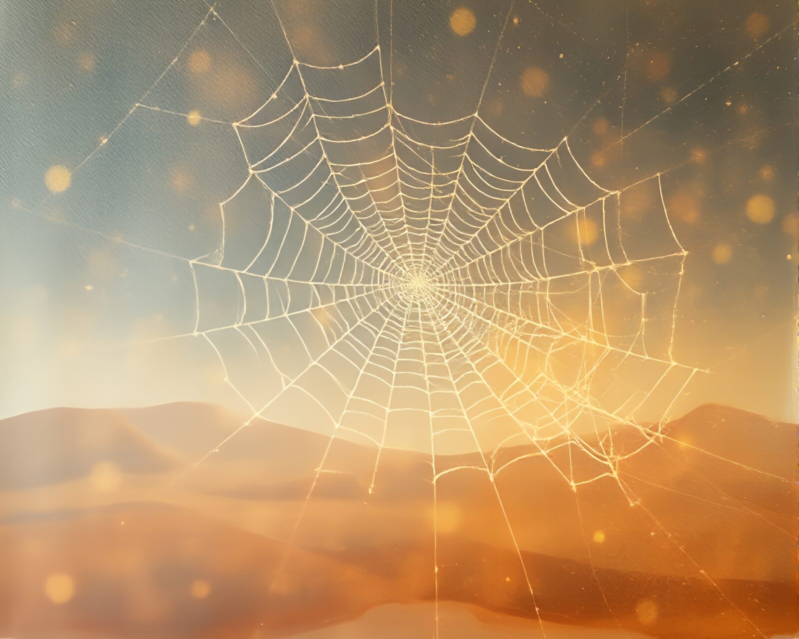 Tempera painting of intricate cobweb in desert light