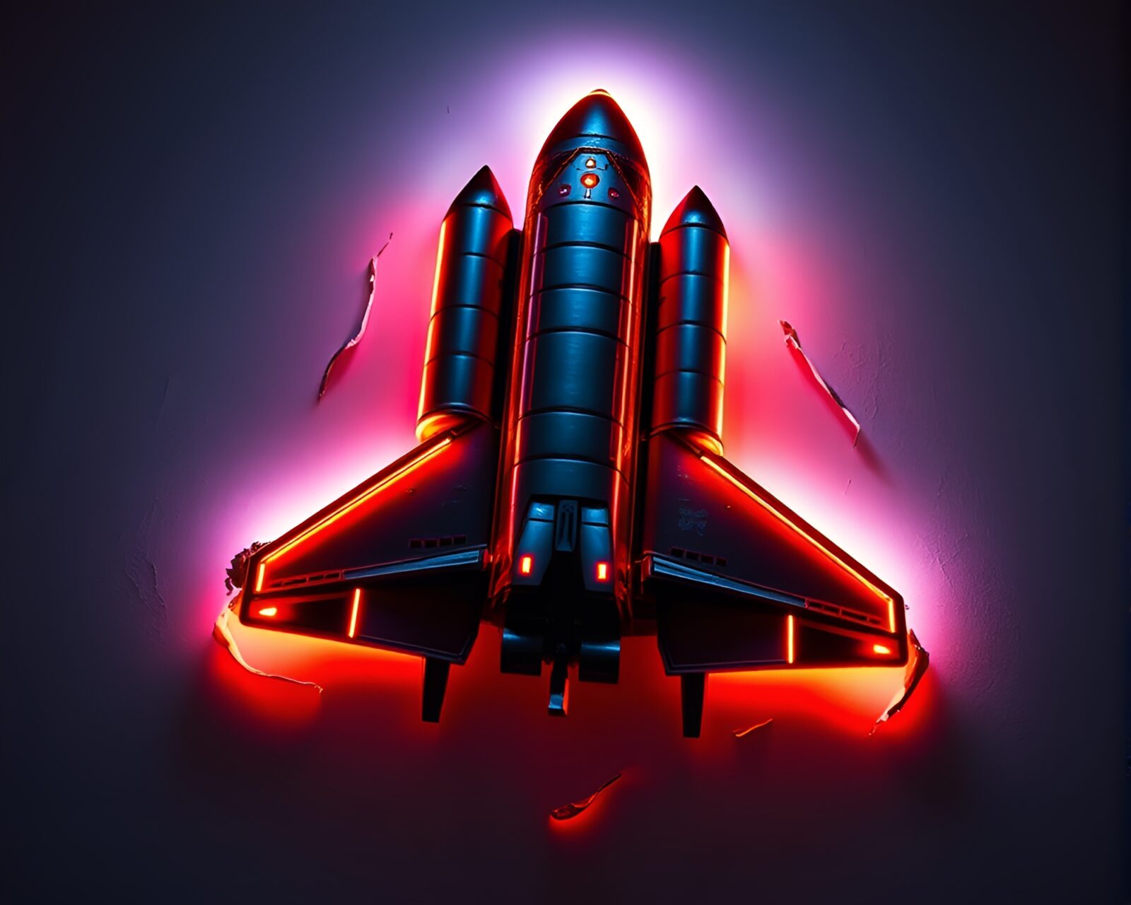 Metallic space shuttle with torn edges lit by vibrant LEDs
