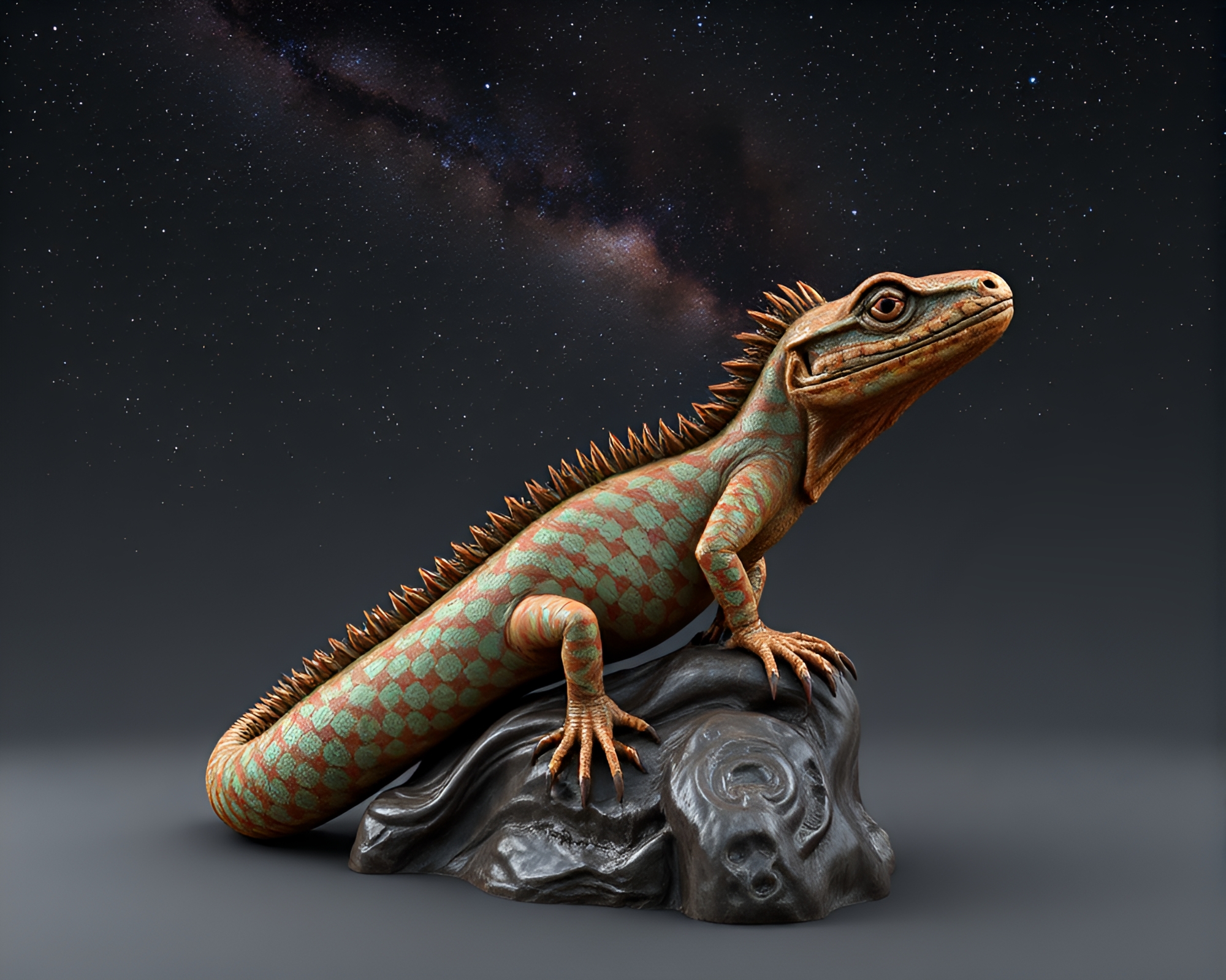 Rust Patina Basilisk Amid Cosmic Milky Way Swirls – free AI stock image