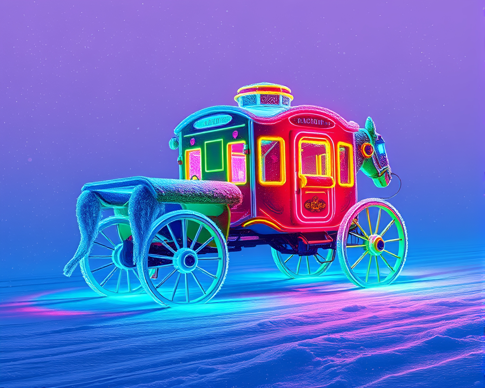 Vibrant Neon Stagecoach in Ice Crystal Forest – free AI stock image