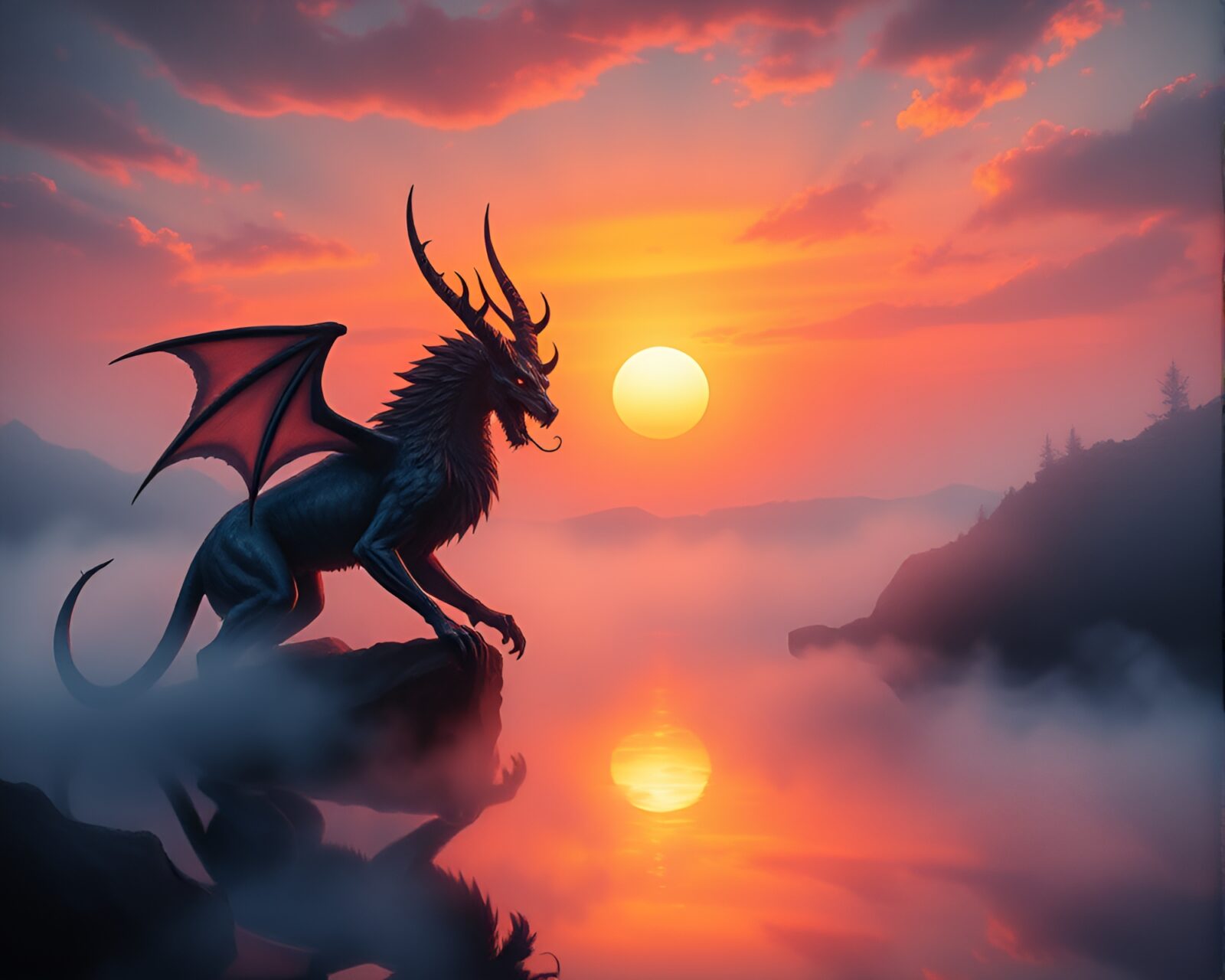 Mural painting of Cerberus in dawn mist with rainbow colors