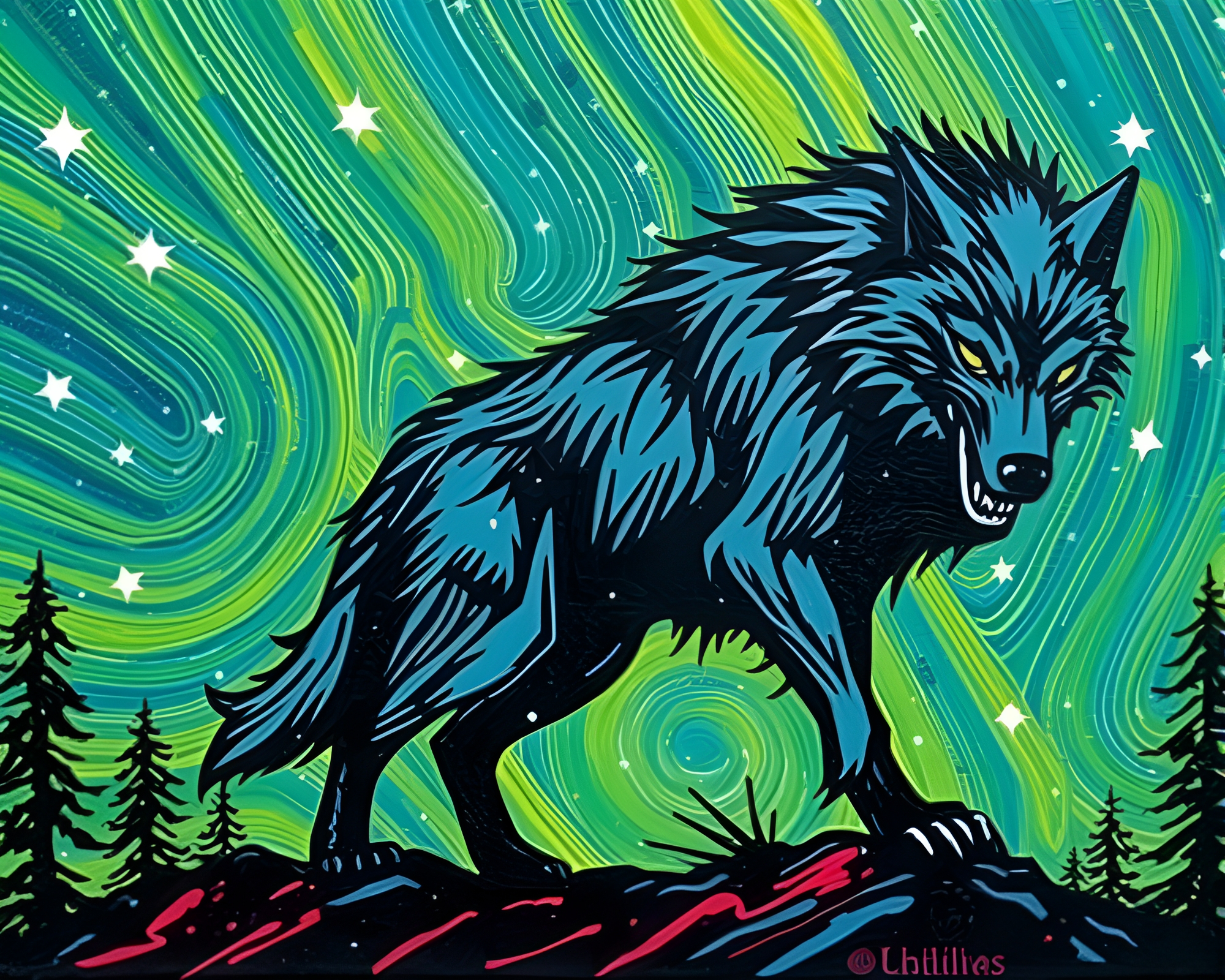 Werewolf Star Trails Graffiti Impasto – free AI stock image