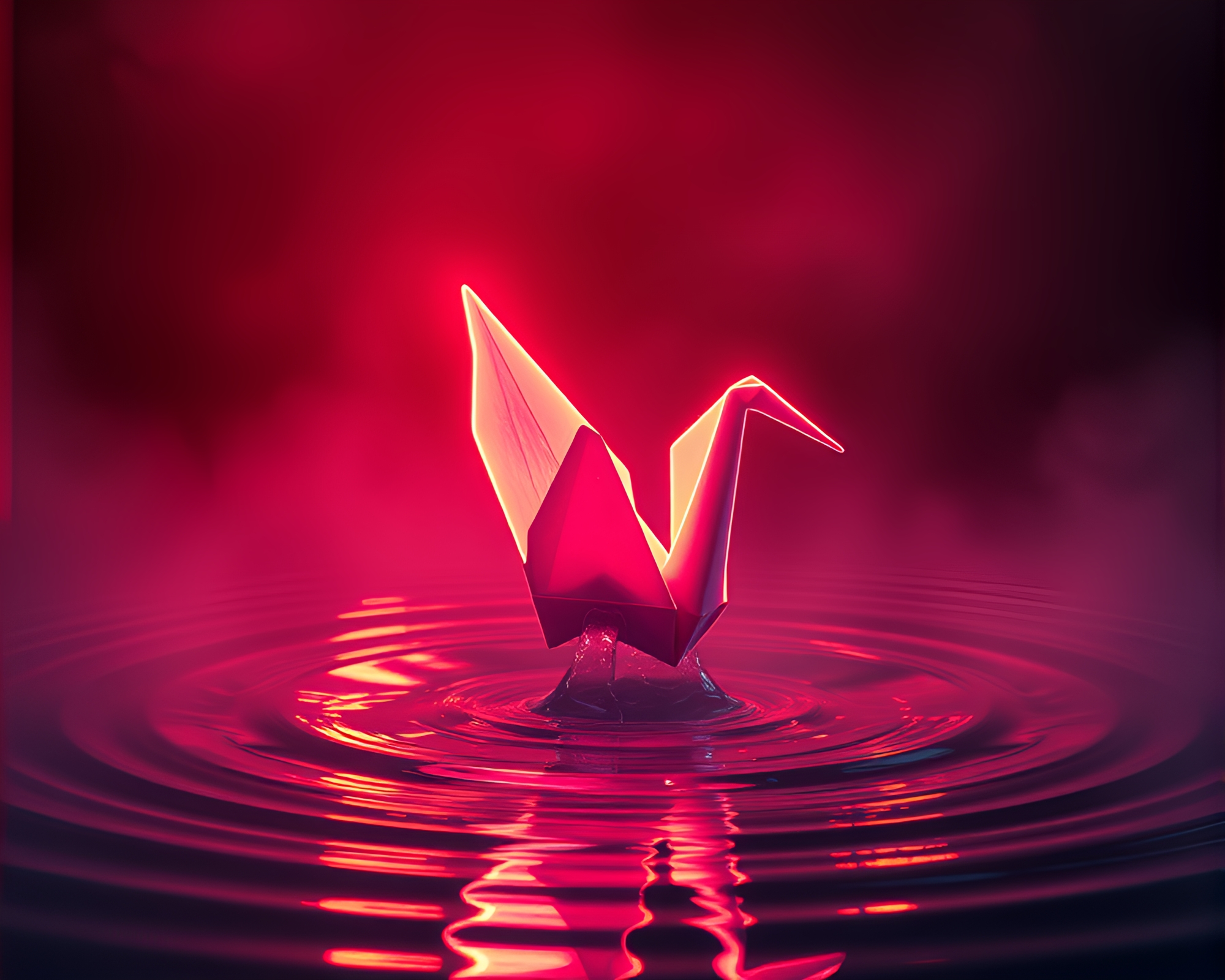 Neon Origami Crane in Dreamy Water Whirlpool – free AI stock image