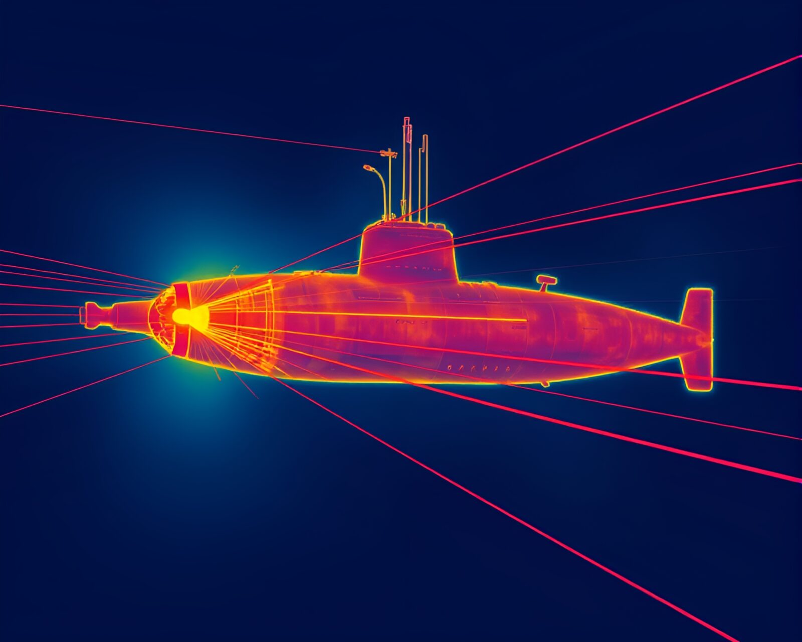 Eerie submarine submerged in infrared depths with scan lines