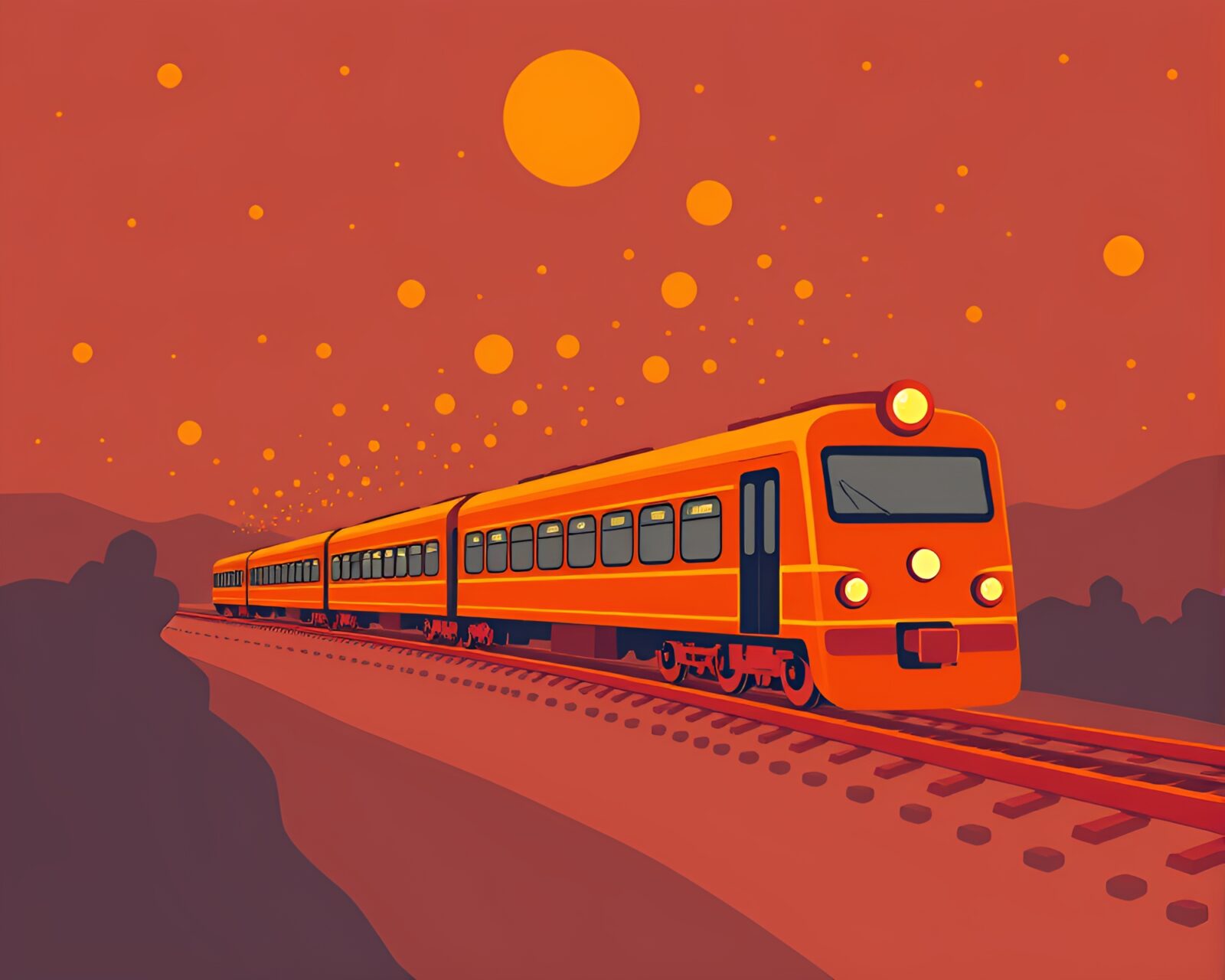 Flat design illustration of a futuristic train surrounded by pointillist dots in warm orange tones