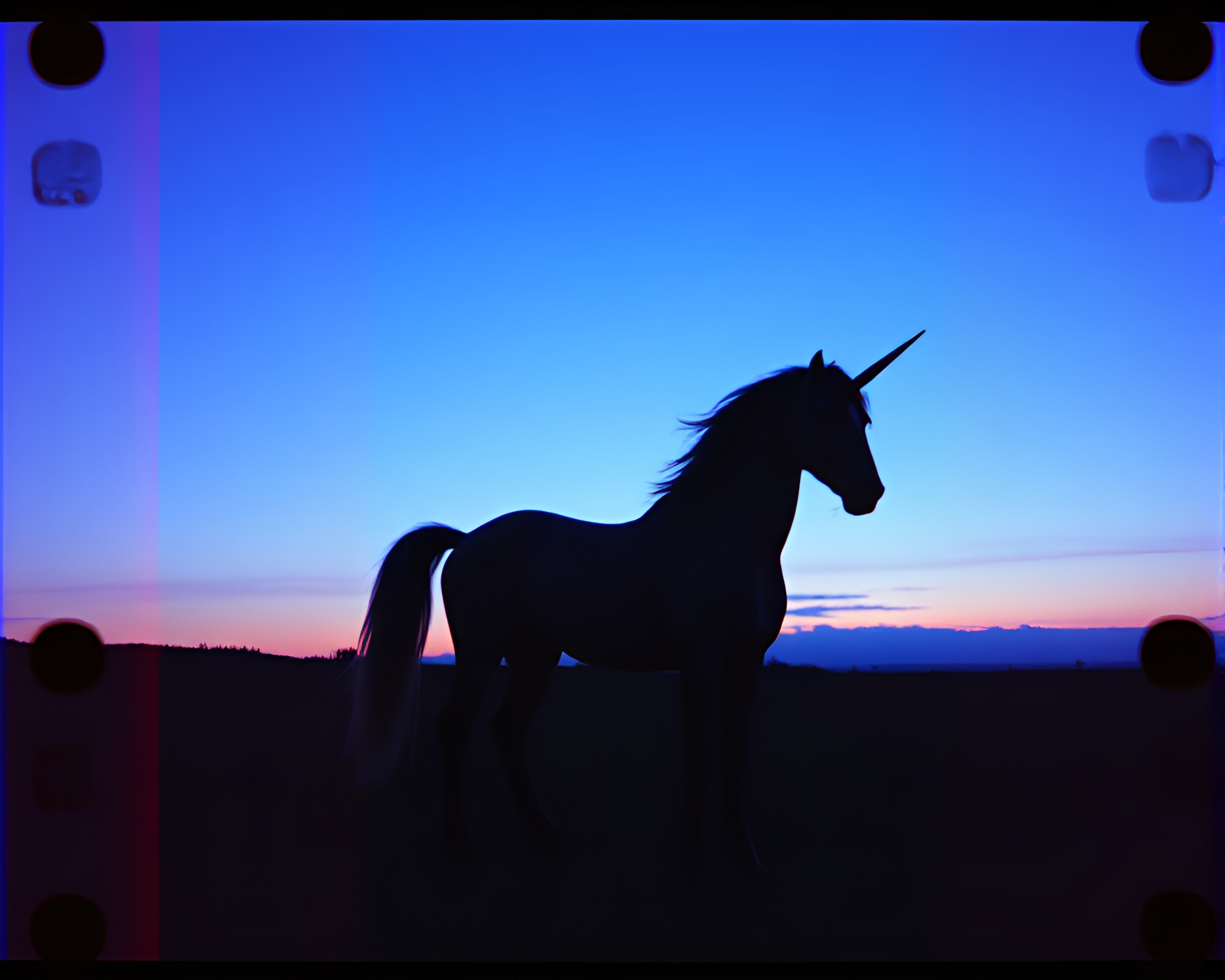Unicorn in Twilight Glitch Film Composition – free AI stock image