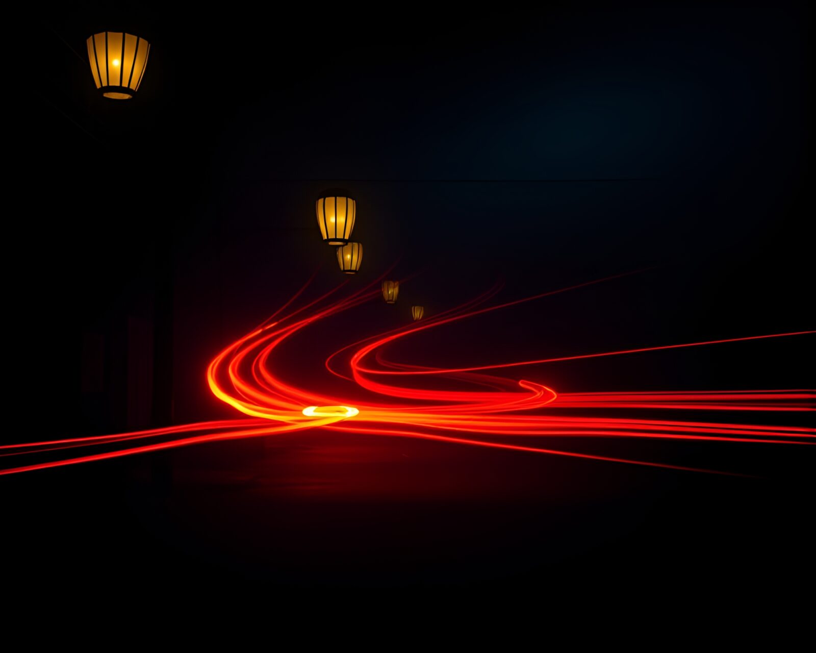 Algorithmic art in a gloomy basement setting with car light trails and paper lanterns