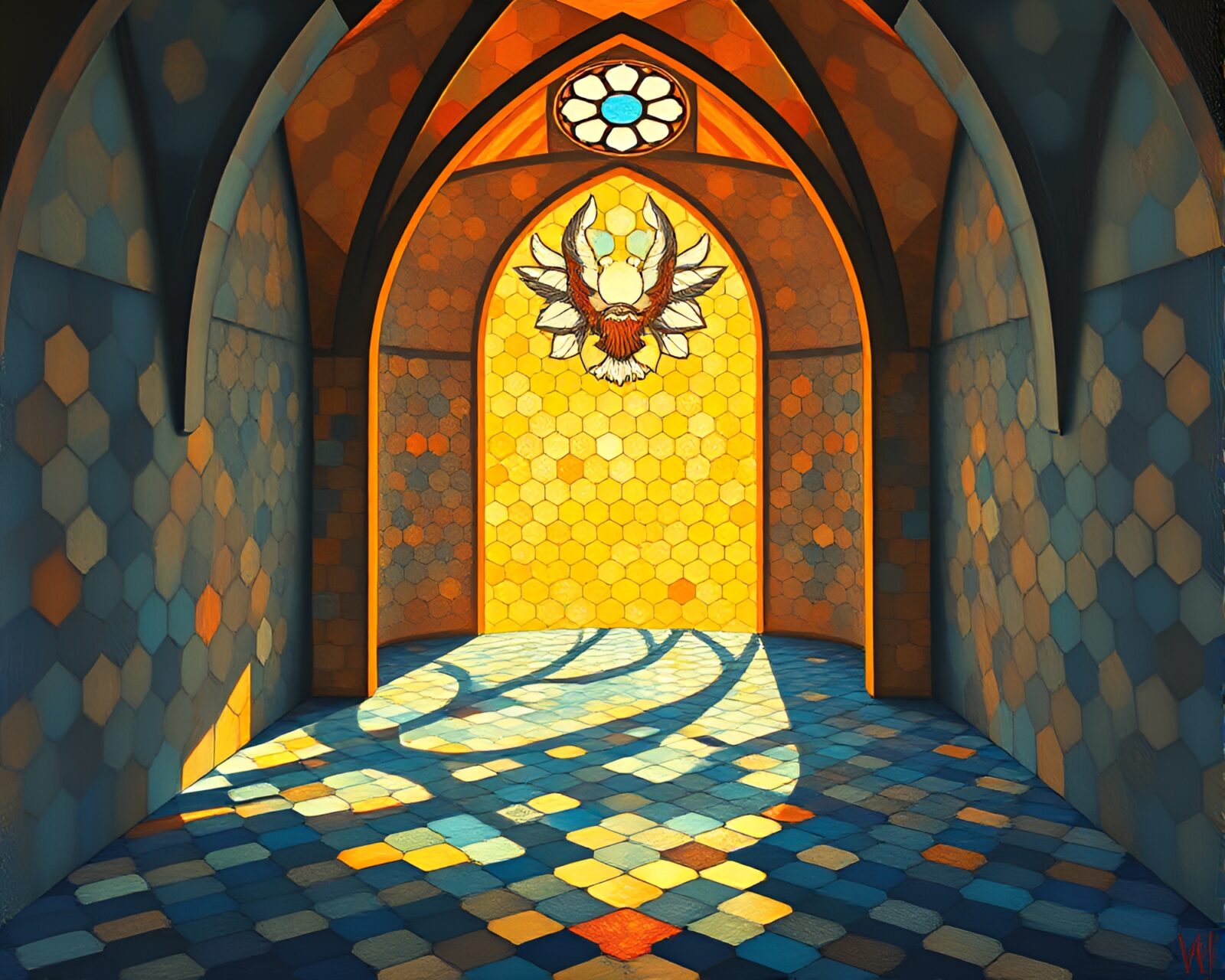 A mesmerizing oil painting of a sea plane in a cathedral-like setting