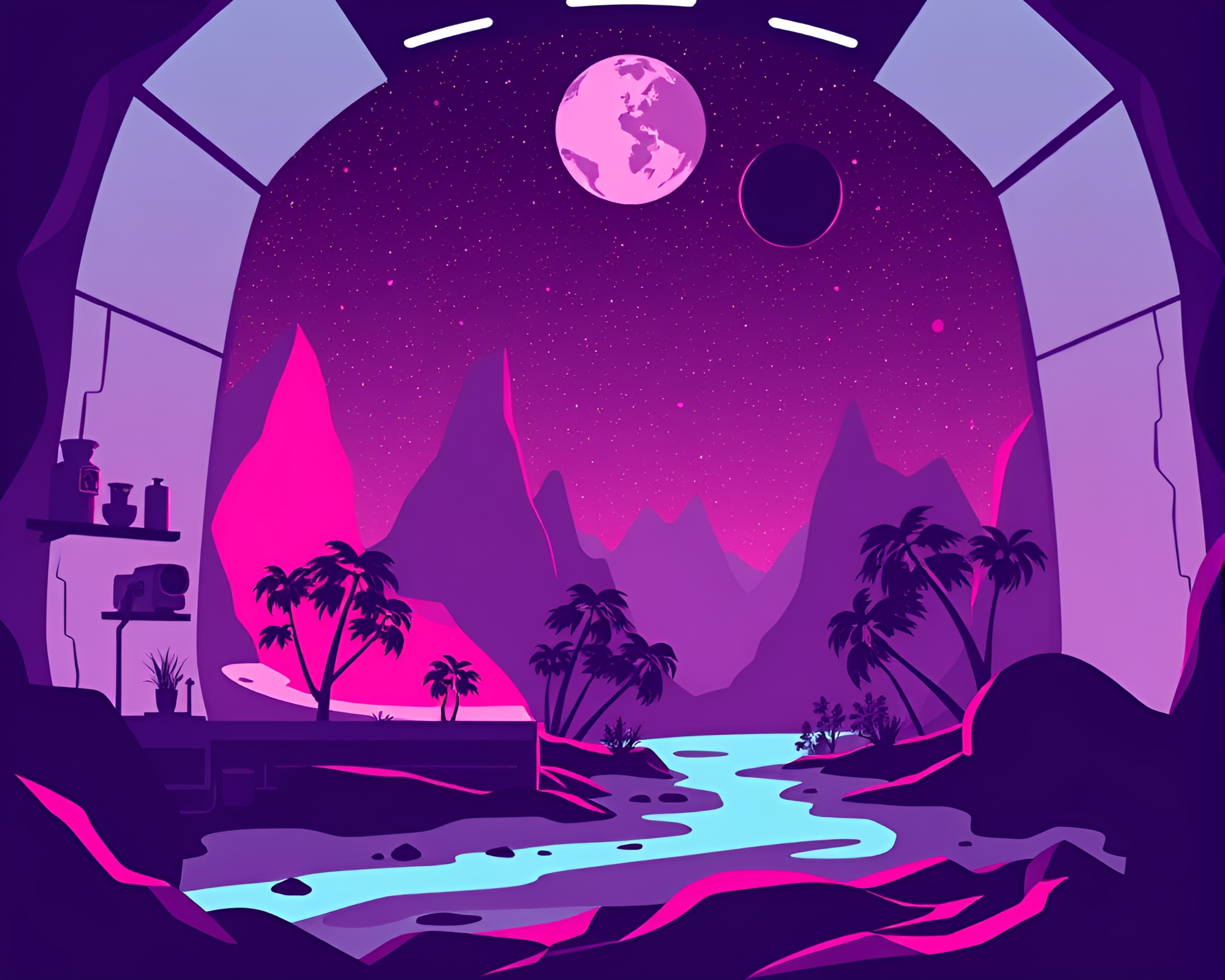 Magenta Space Habitat Silhouette Illustration – free AI stock image