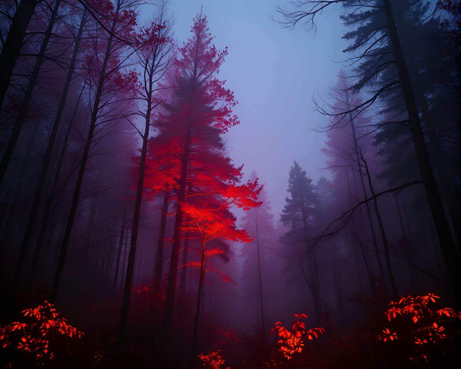 Mystical forest with burnt orange glow and film burn effects