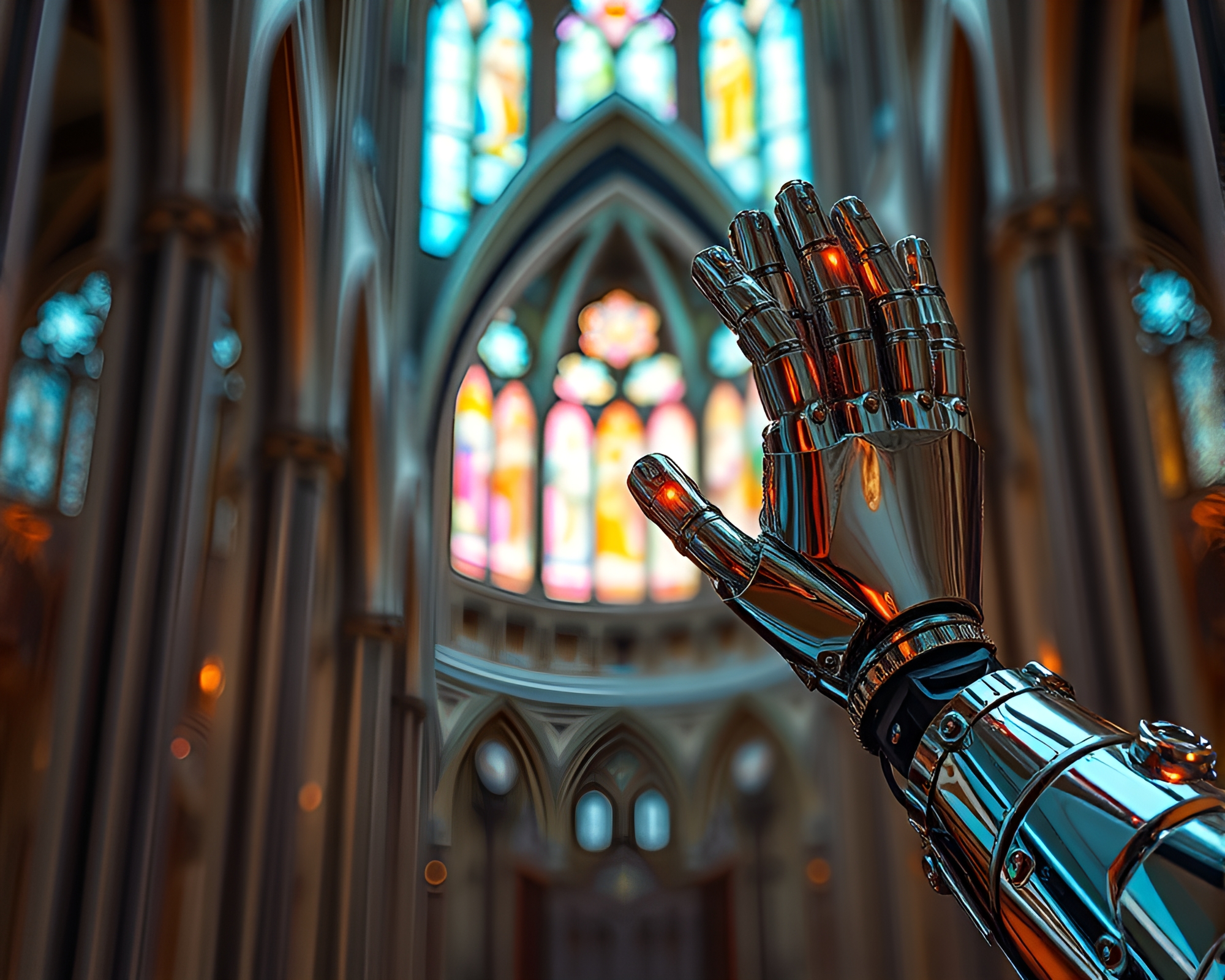 Chrome Robotic Arm in Holographic Cathedral Light – free AI stock image