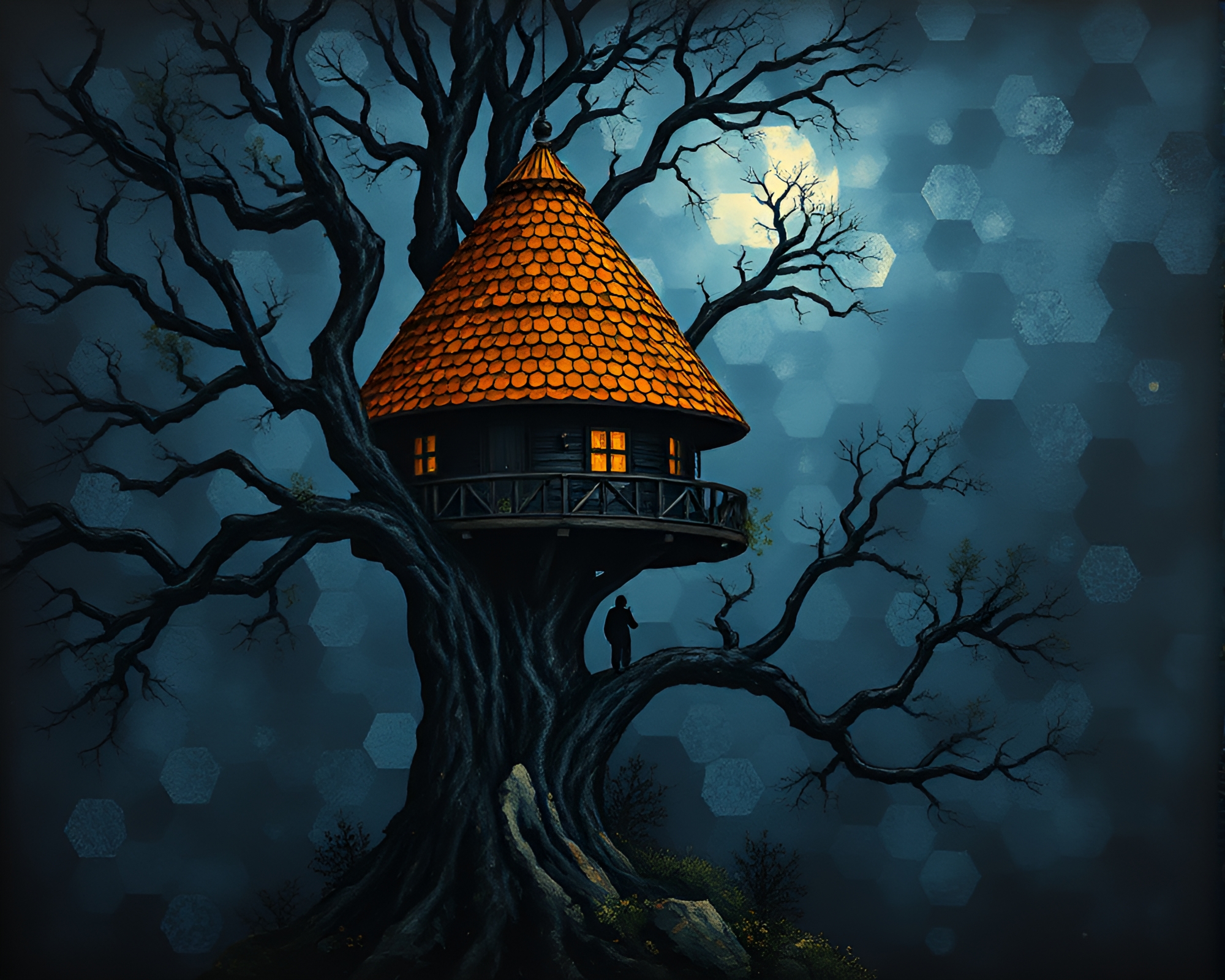 Gouache Treehouse Illuminated in Dramatic Hexagonal Lighting – free AI stock image