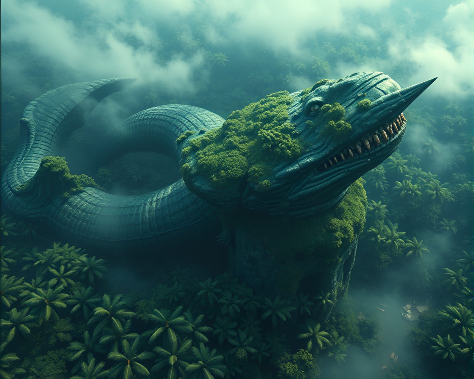 Majestic serpent winding through lush green canopy, seen from above