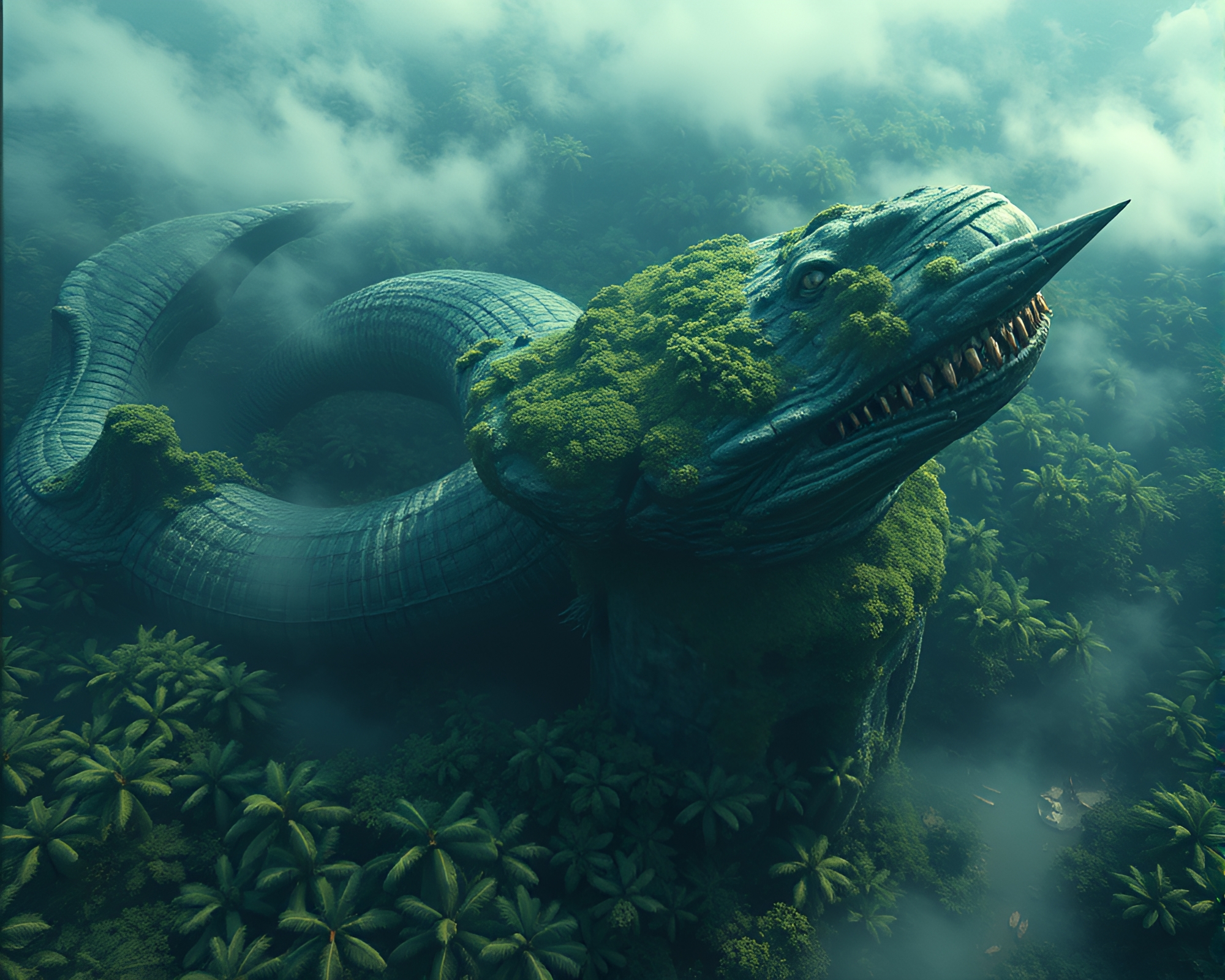 Leviathan in Jungle Canopy Shadows – Bird’s Eye View – free AI stock image