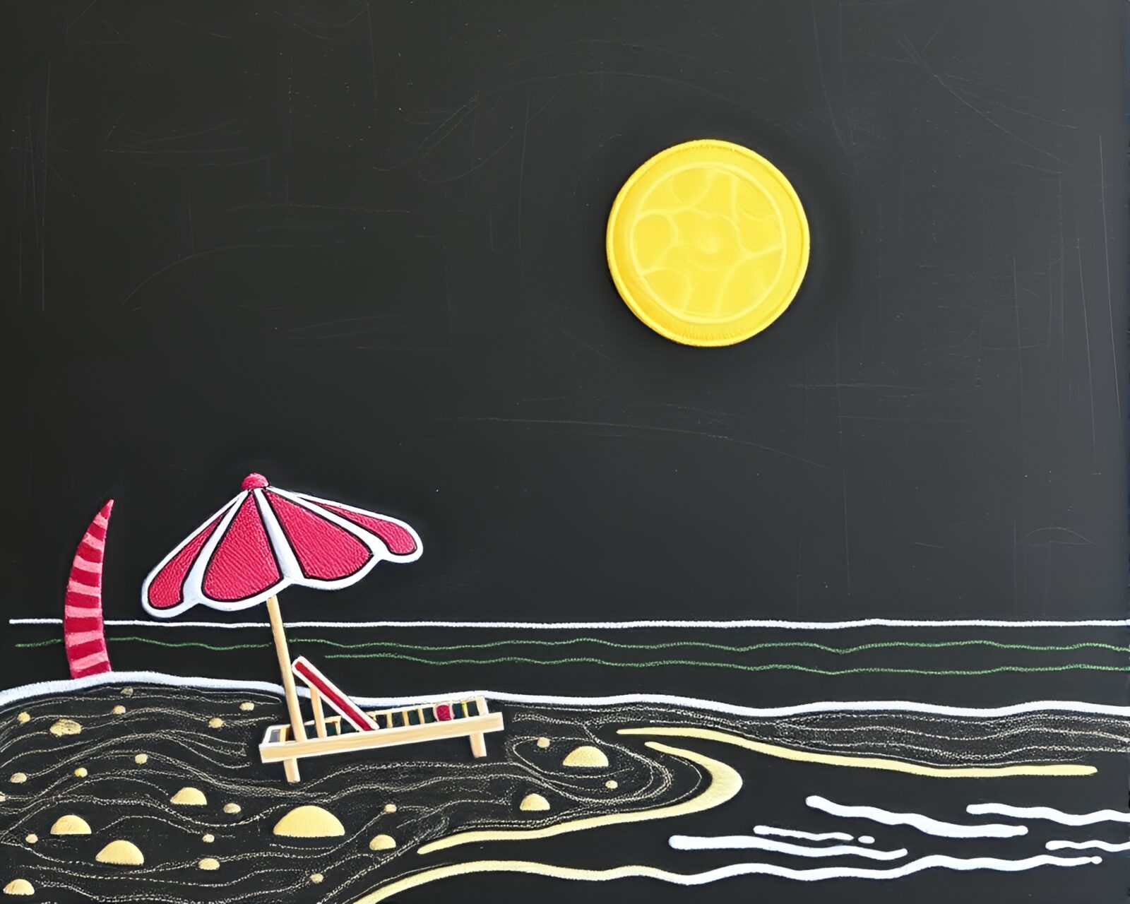 Retro beach scene in chalkboard style with embroidered details