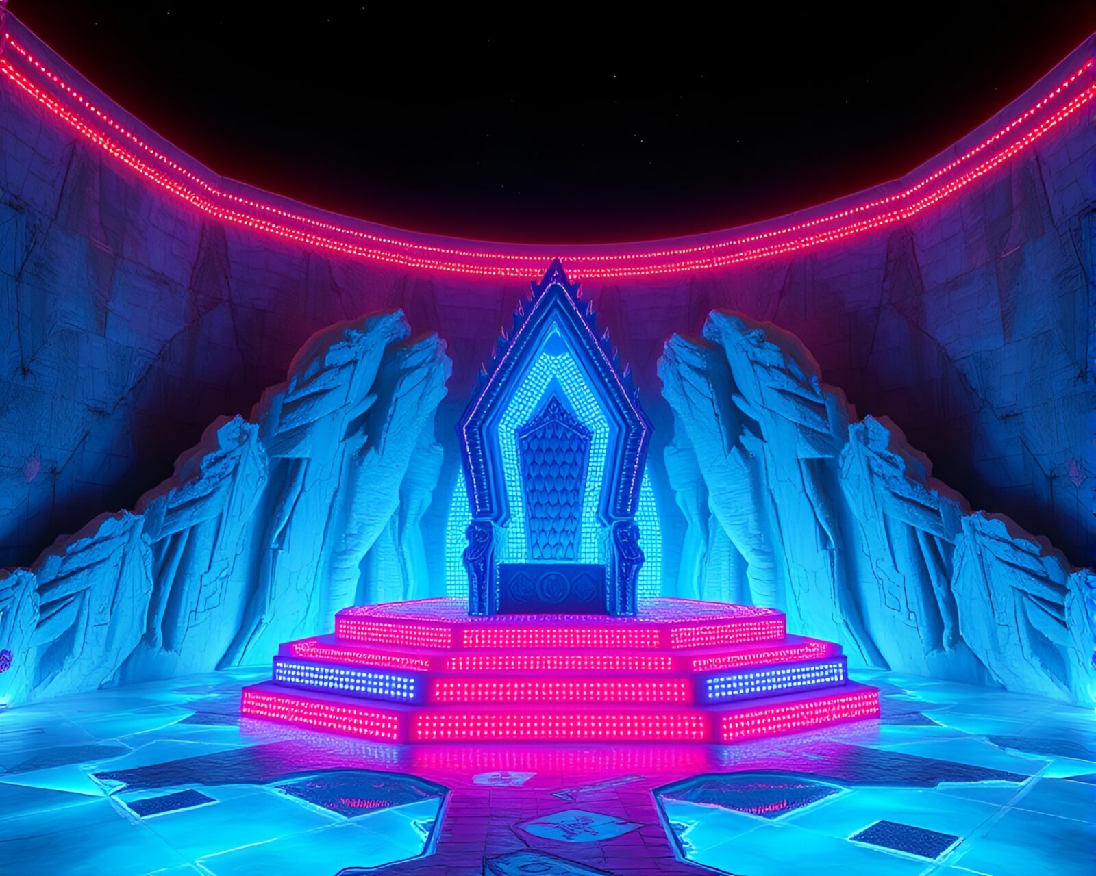 Glowing LED grid intertwined with icy throne room