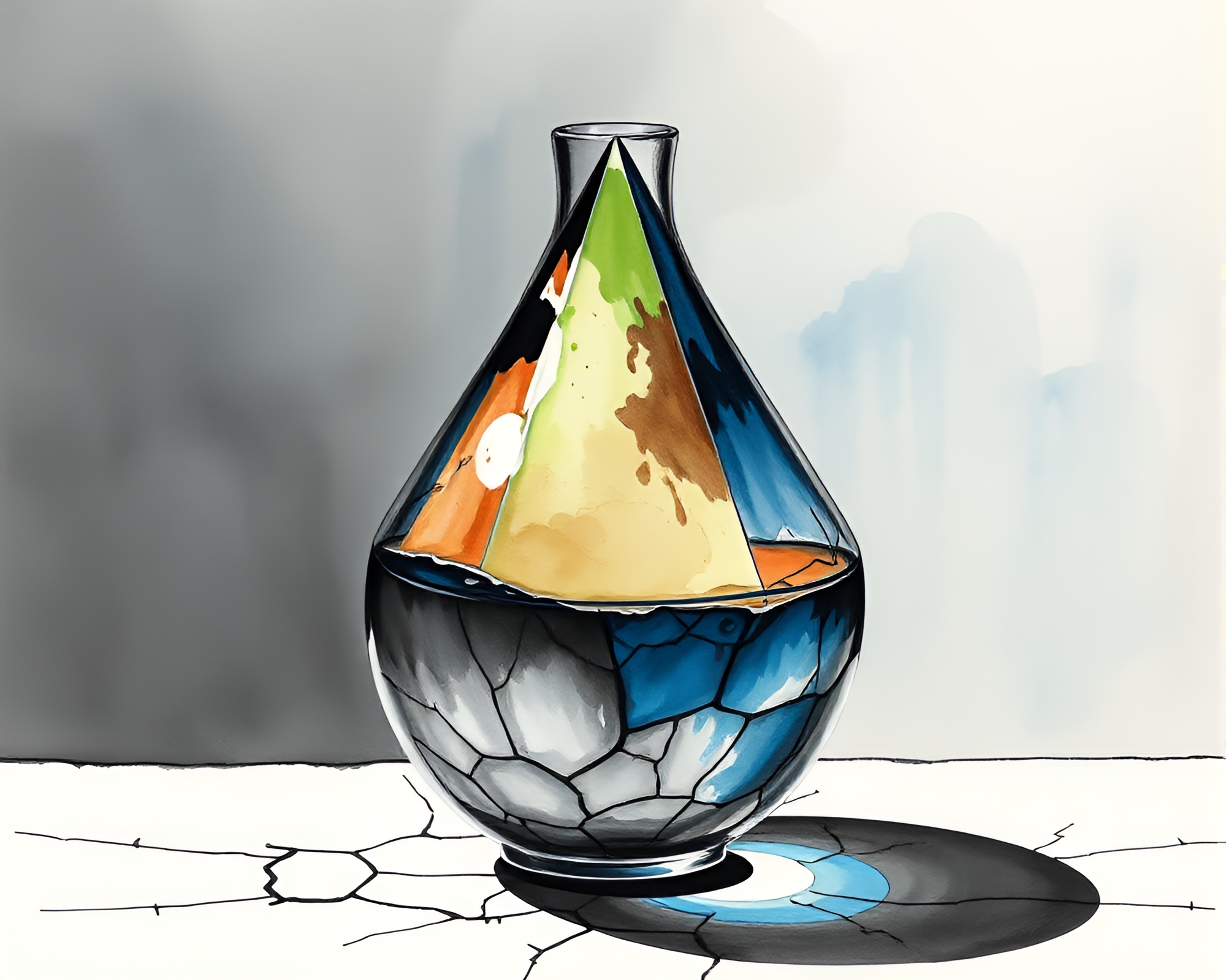 Prism Vase Among Cracked Earth in Ink Wash Style – free AI stock image