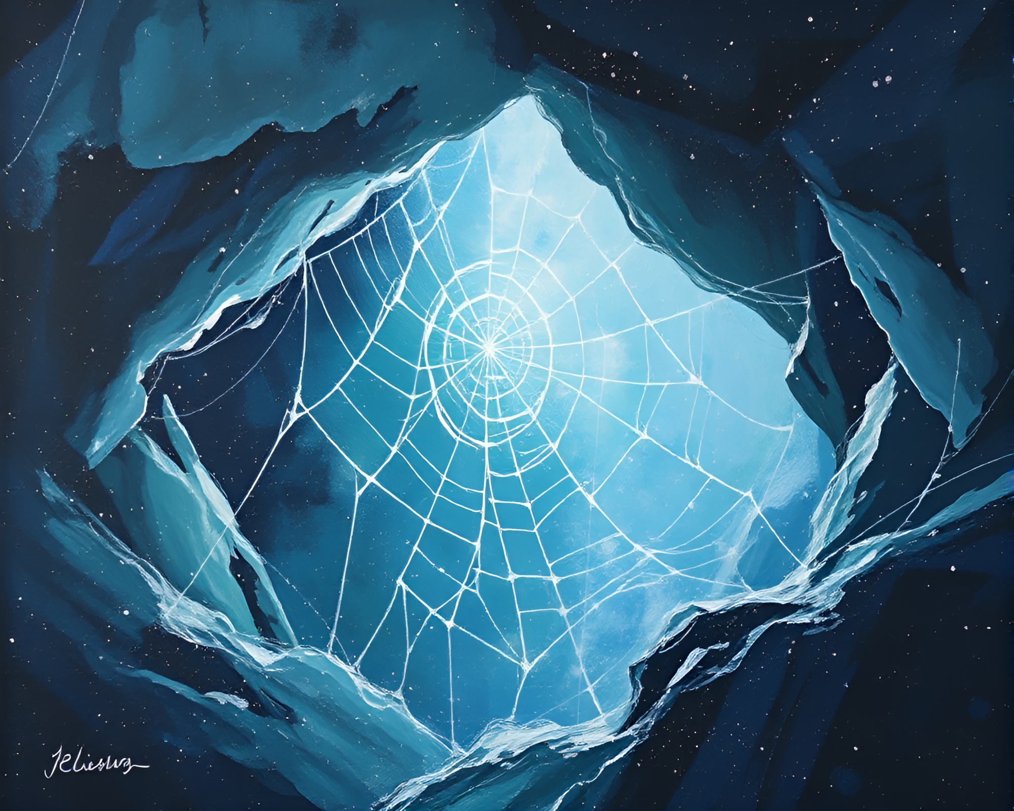 Glistening Cobweb Strands in Glacial Cave Painting – free AI stock image