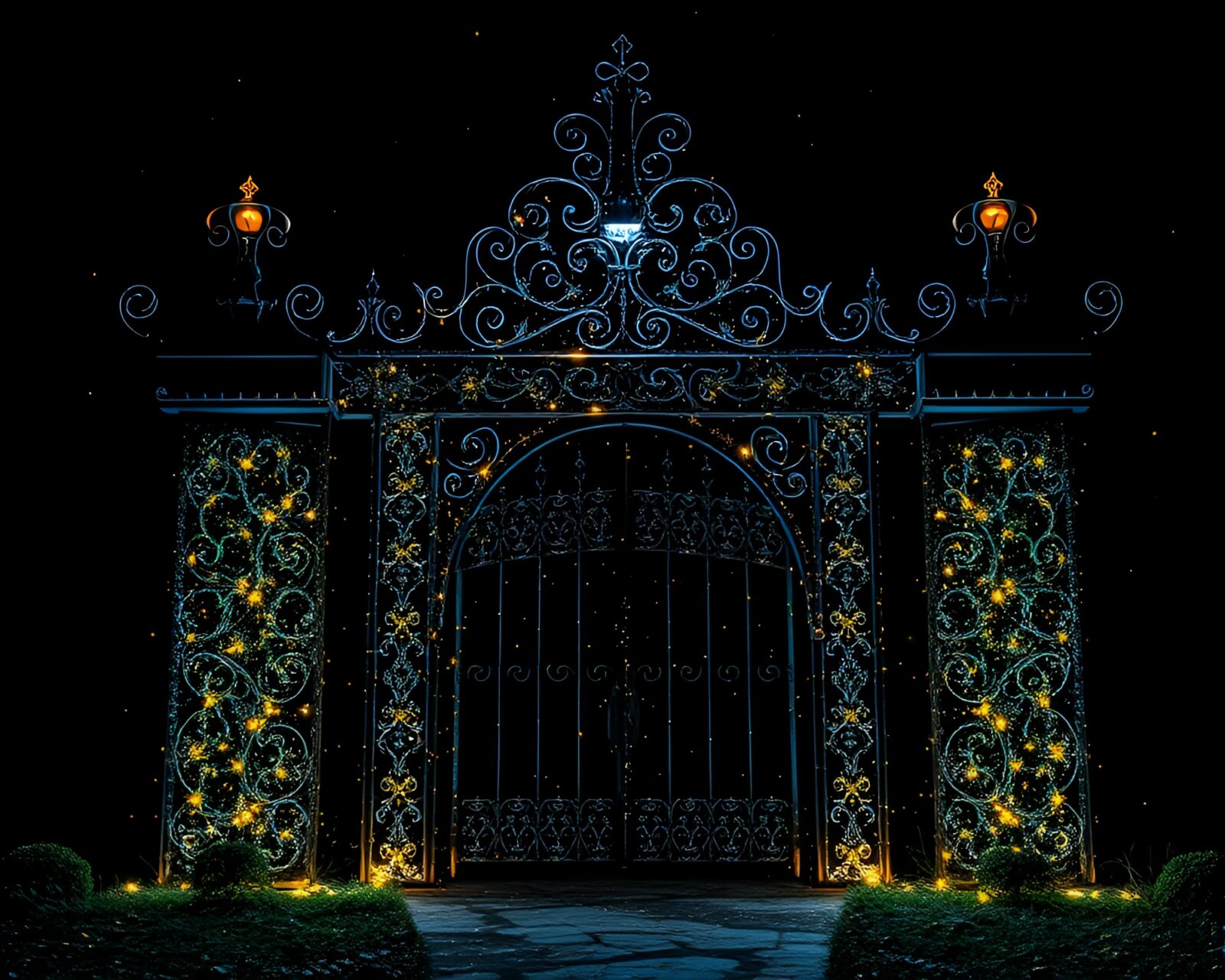 Ethereal neural style transfer of an illuminated gate with floating particles