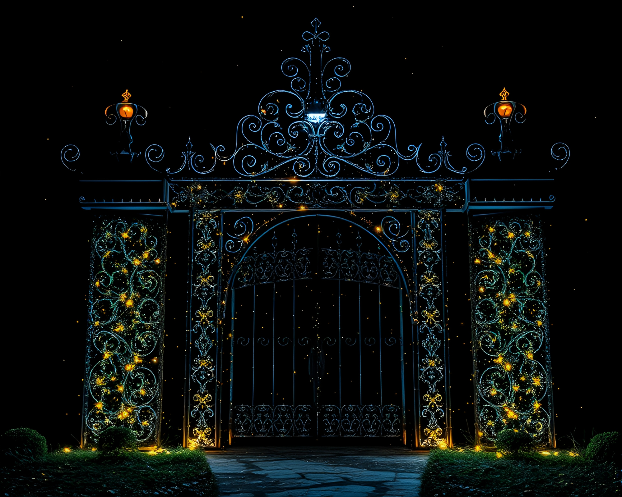 Glow-in-the-dark Wrought Iron Gate with Dust Particles – free AI stock image