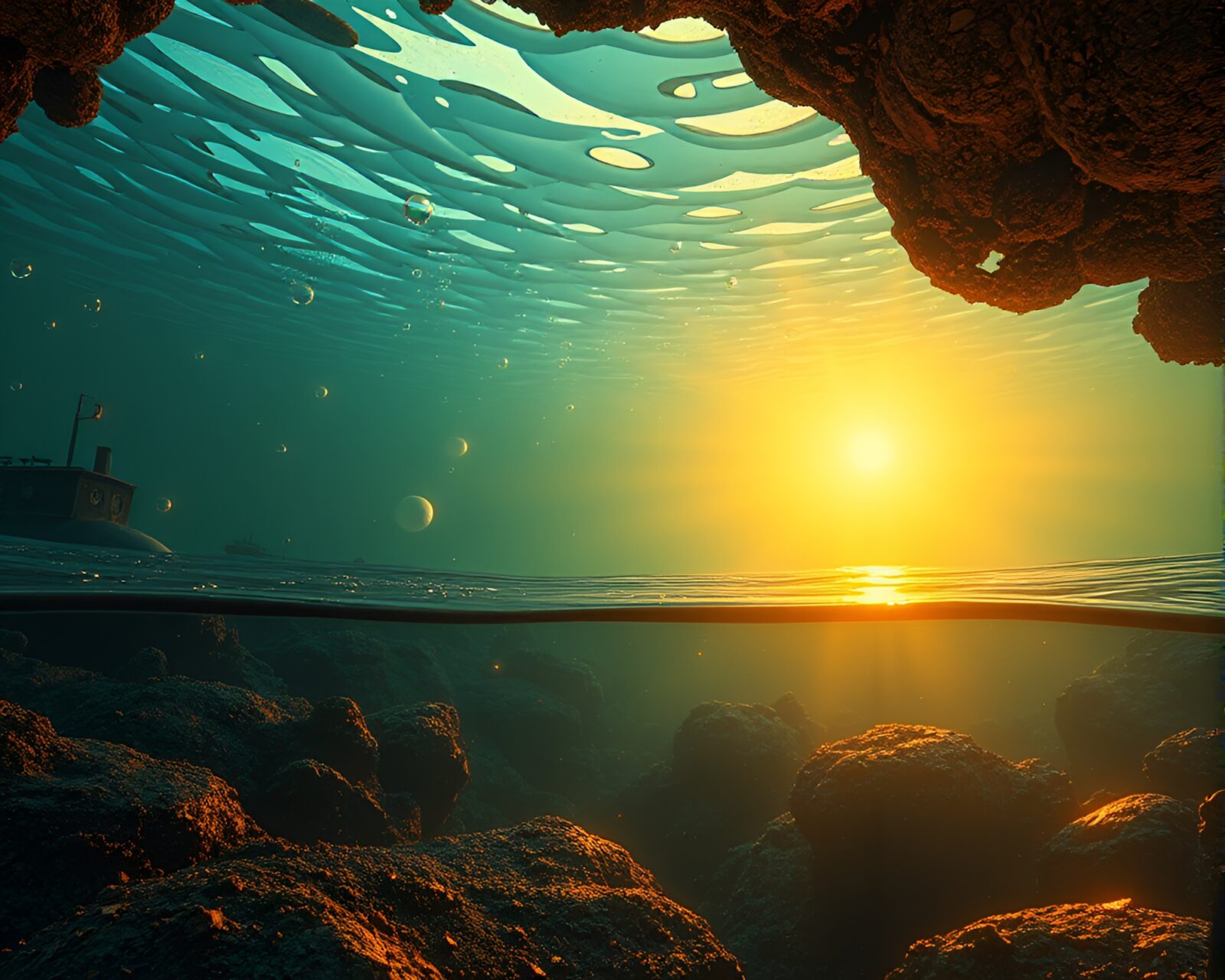Underwater submarine bathed in golden morning light with rust flake textures