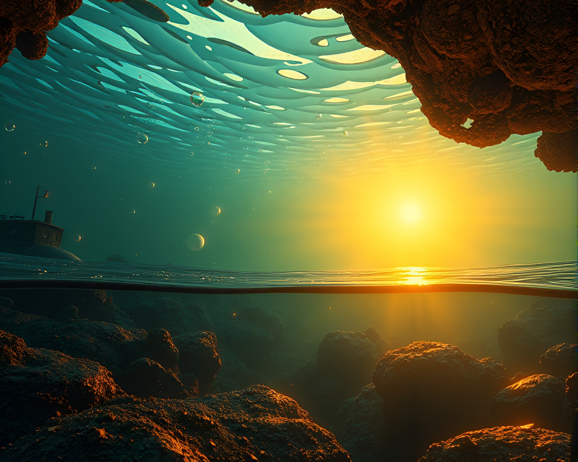 Submerged Golden Morning: Rust Flakes Texture Editorial Illustration – free AI stock image