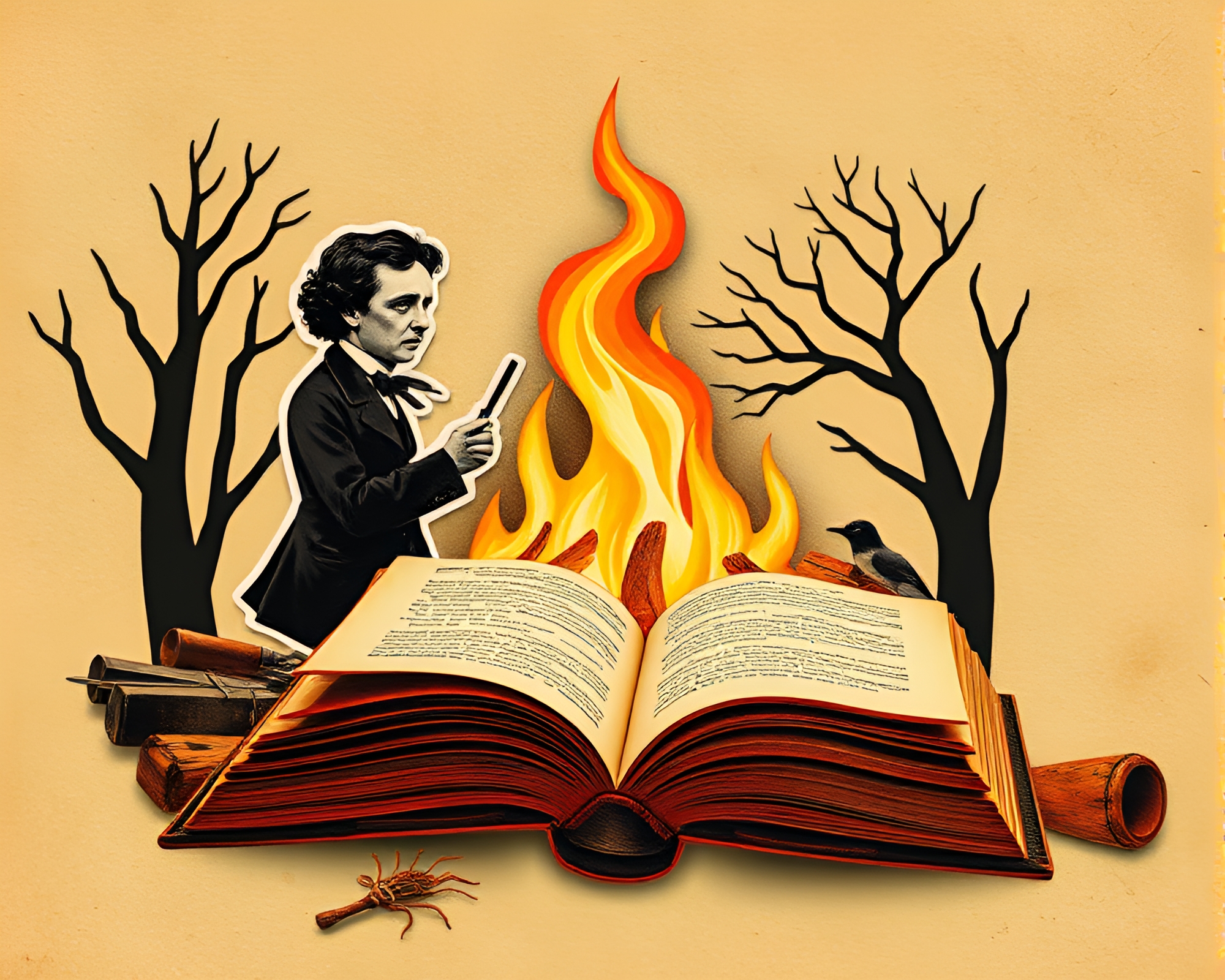 Ethereal Edgar Allan Poe Collage by Bonfire Light – free AI stock image
